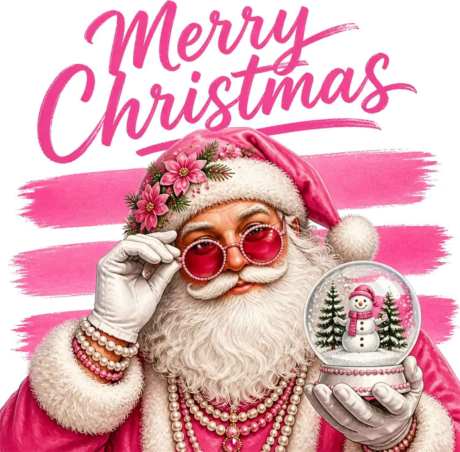 Stylish Santa with pink floral hat, rose sunglasses & pearls holding snow globe, ready to press dtf transfer