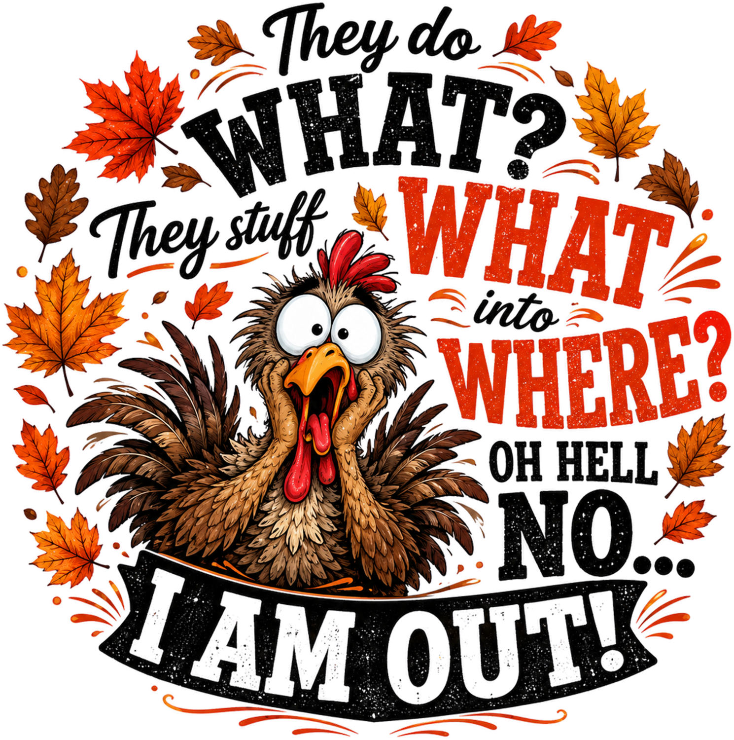 Cartoon turkey with wild feathers and open beak surrounded by fall leaves, ready to press dtf transfer design