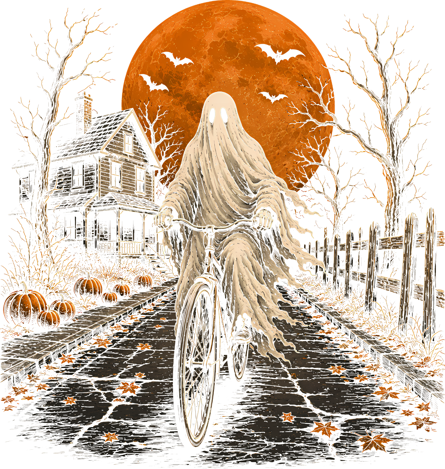 Spooky ghost riding vintage carriage with haunted house, pumpkins, and orange moon ready to press dtf transfer