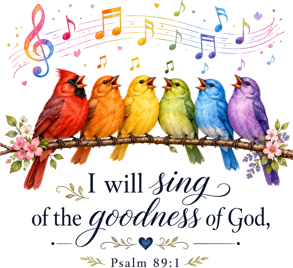 Six rainbow-colored birds singing on a branch with musical notes above and pink flowers below, ready to press dtf transfer
