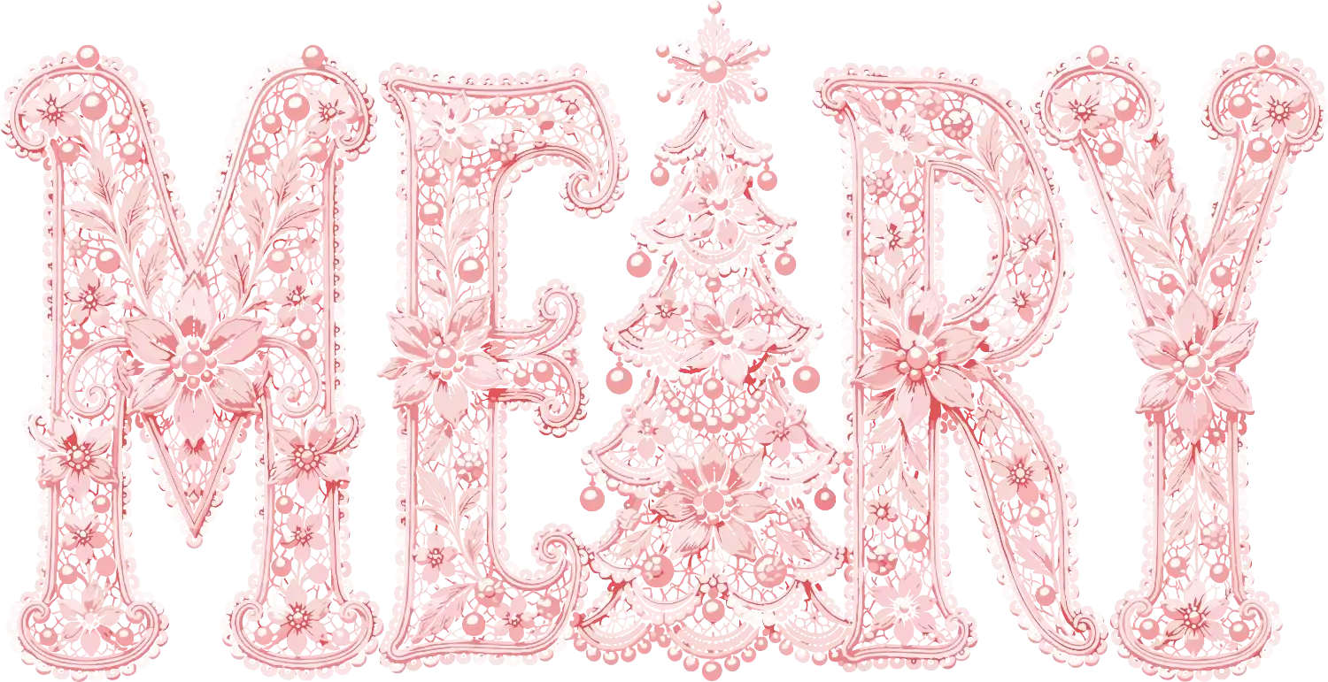 Pink ornamental floral Merry Christmas design with holiday decorations, ready to press dtf transfer