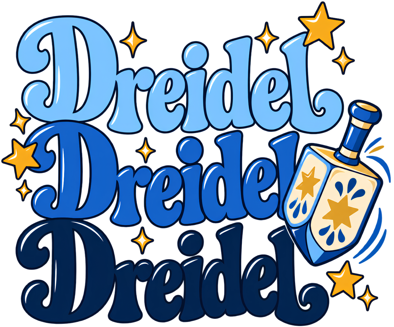 Blue and gold Dreidel Dreidel Dreidel text with stars and a dreidel bottle design, ready to press dtf transfer