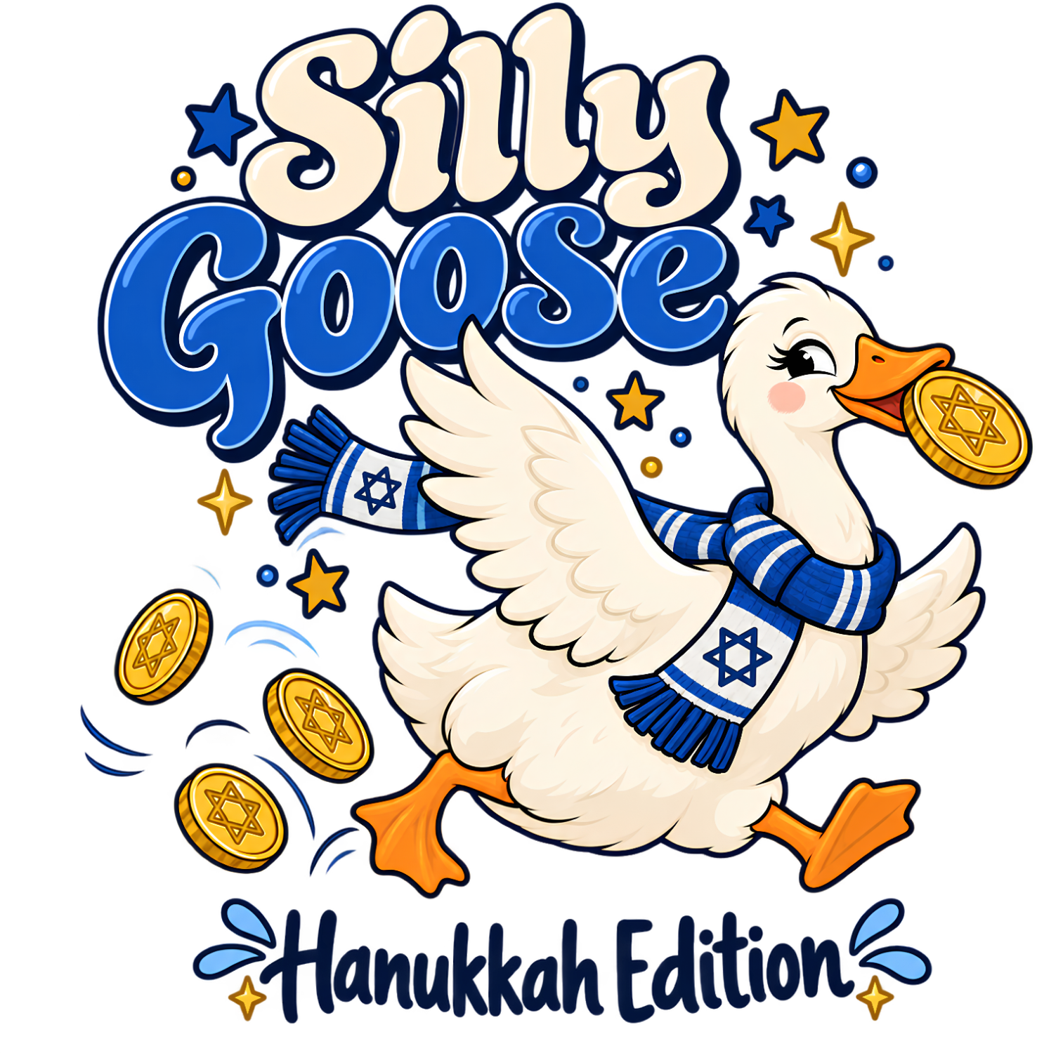 White goose wearing blue and white striped Hanukkah scarf holding gold coin, surrounded by falling coins and stars, ready to press dtf transfer