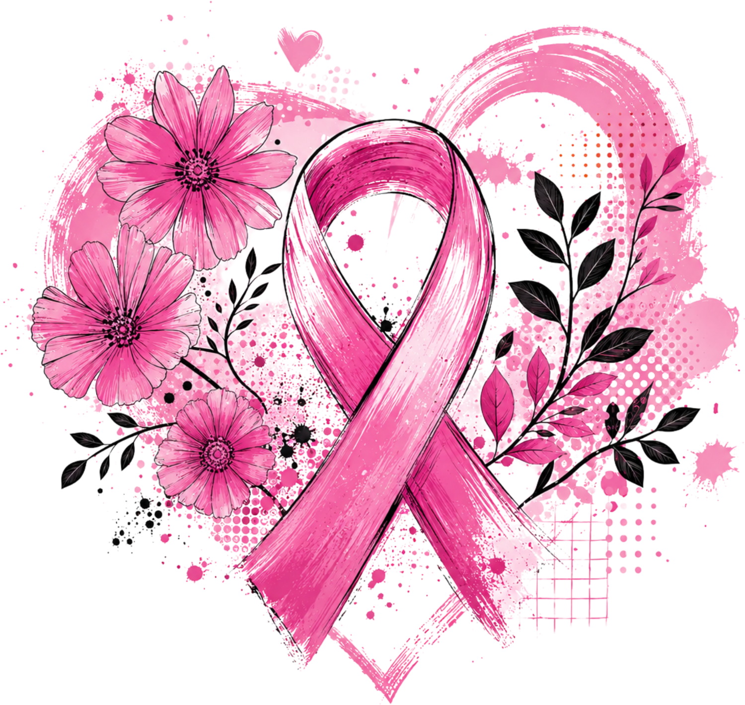 Pink ribbon breast cancer awareness design with daisies and botanical elements, ready to press dtf transfer