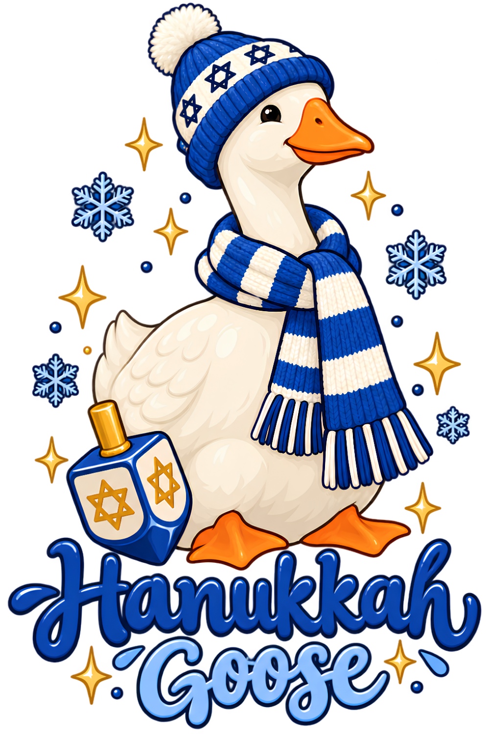 White goose wearing blue striped scarf and Hanukkah beanie with menorah dreidel, ready to press dtf transfer.