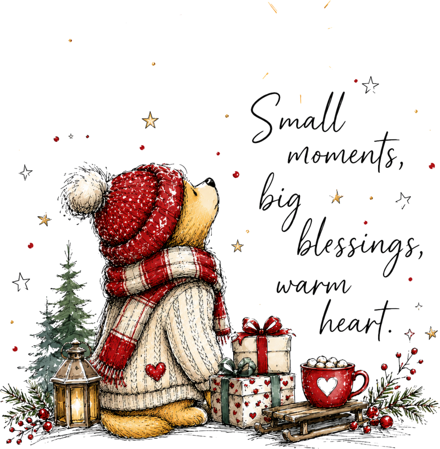 Ready to press DTF transfer of a cute bear in red hat and scarf surrounded by holiday gifts, lantern, and warm blessings quote
