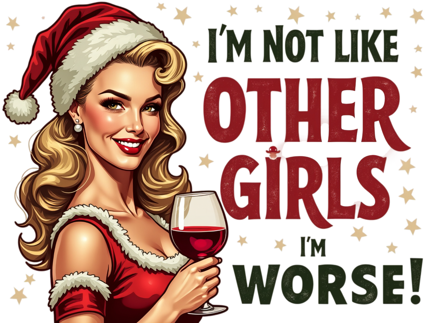 Retro-style woman in red Santa outfit holding wine glass, ready to press DTf transfer with gold stars