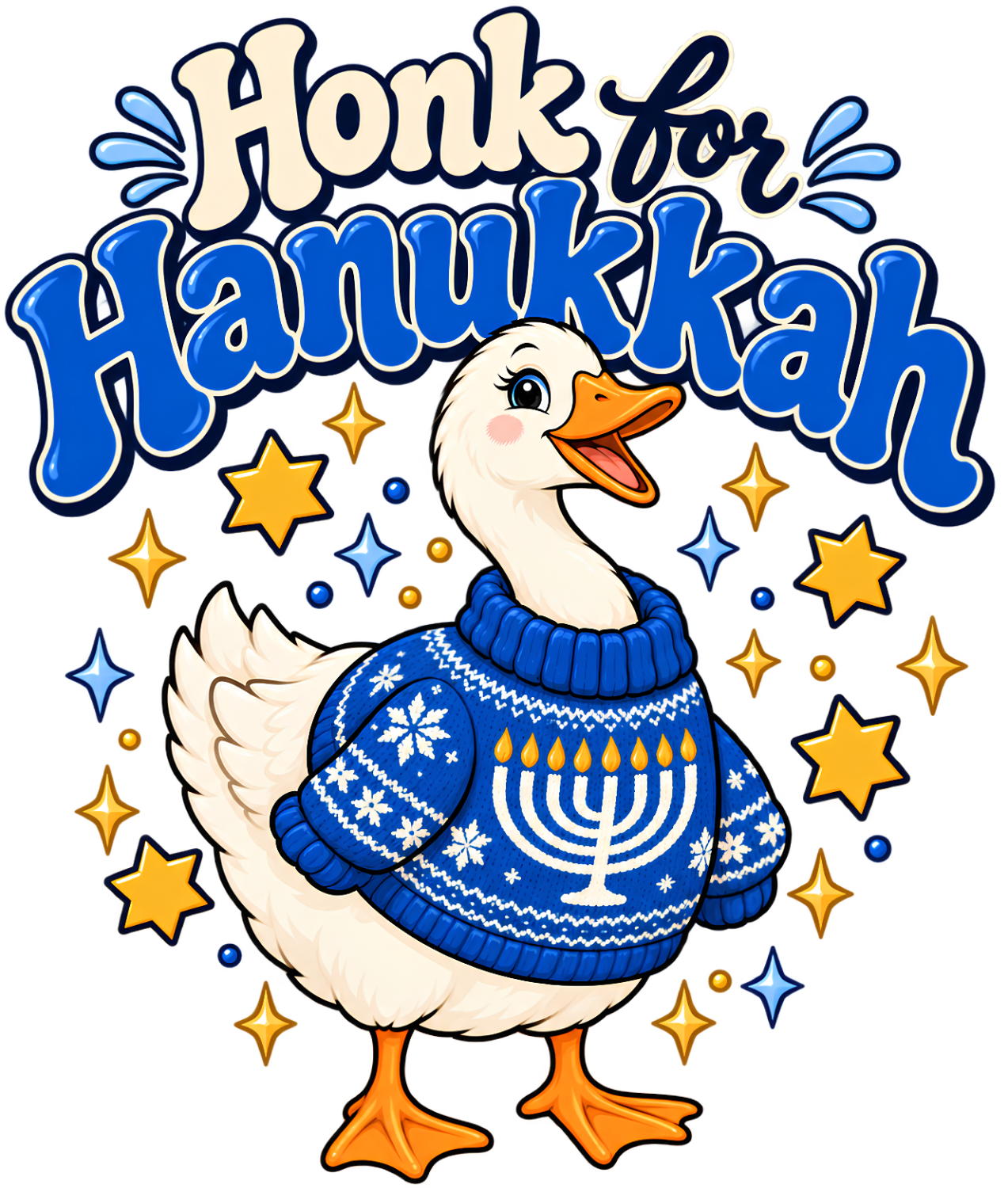 Cheerful white goose wearing blue sweater with menorah design, surrounded by gold stars, ready to press dtf transfer