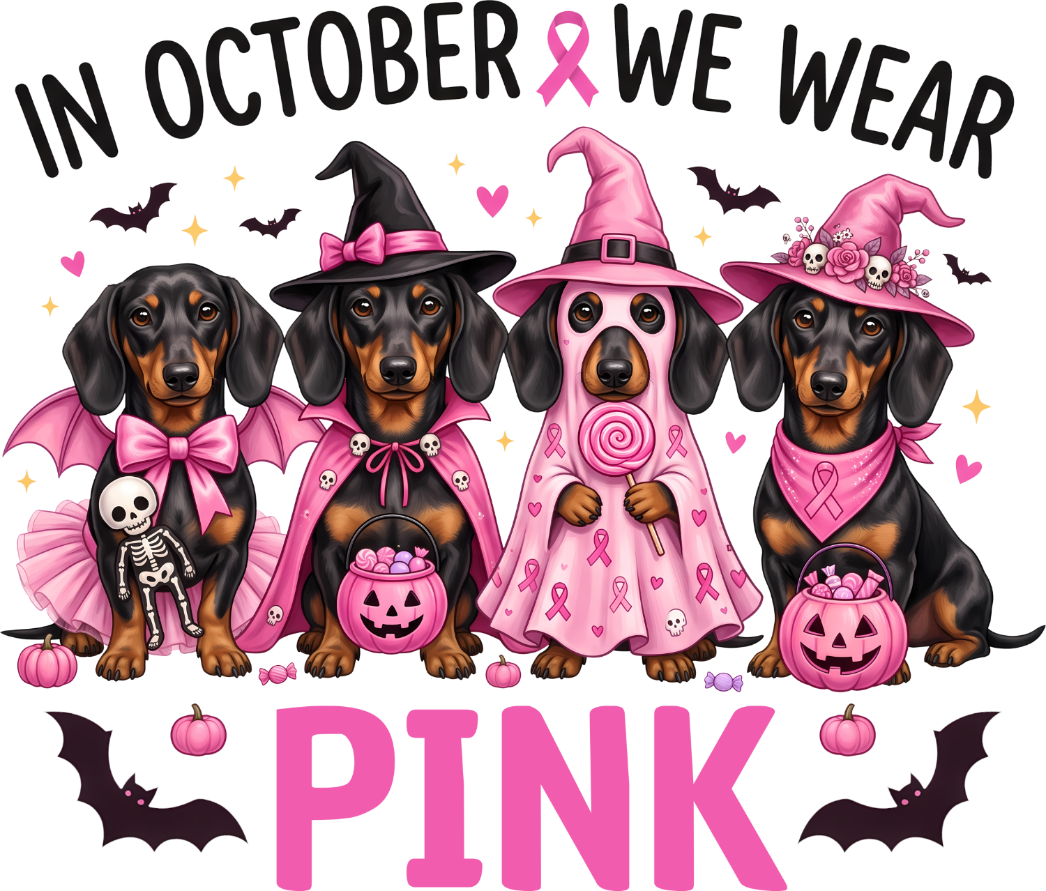 Four dachshunds dressed as witches in pink costumes with hats, ready to press dtf transfer for Halloween shirts
