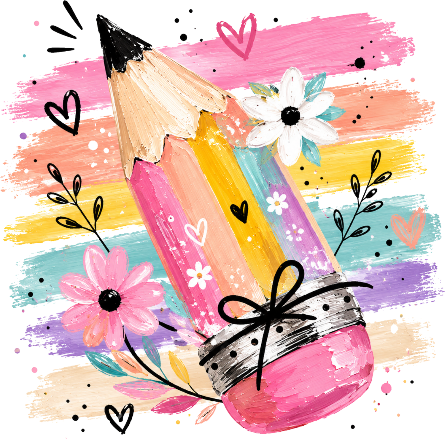 Colorful rainbow pencil with white daisy flowers and hearts on pastel brush strokes background, ready to press dtf transfer