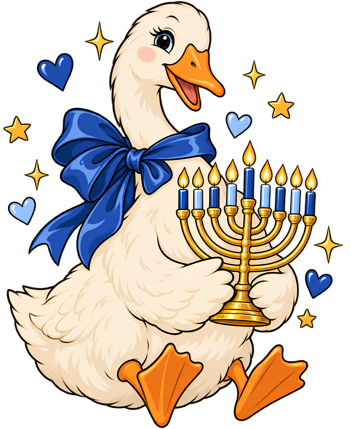 Cute white duck with blue bow holding golden menorah, surrounded by stars and hearts, ready to press dtf transfer