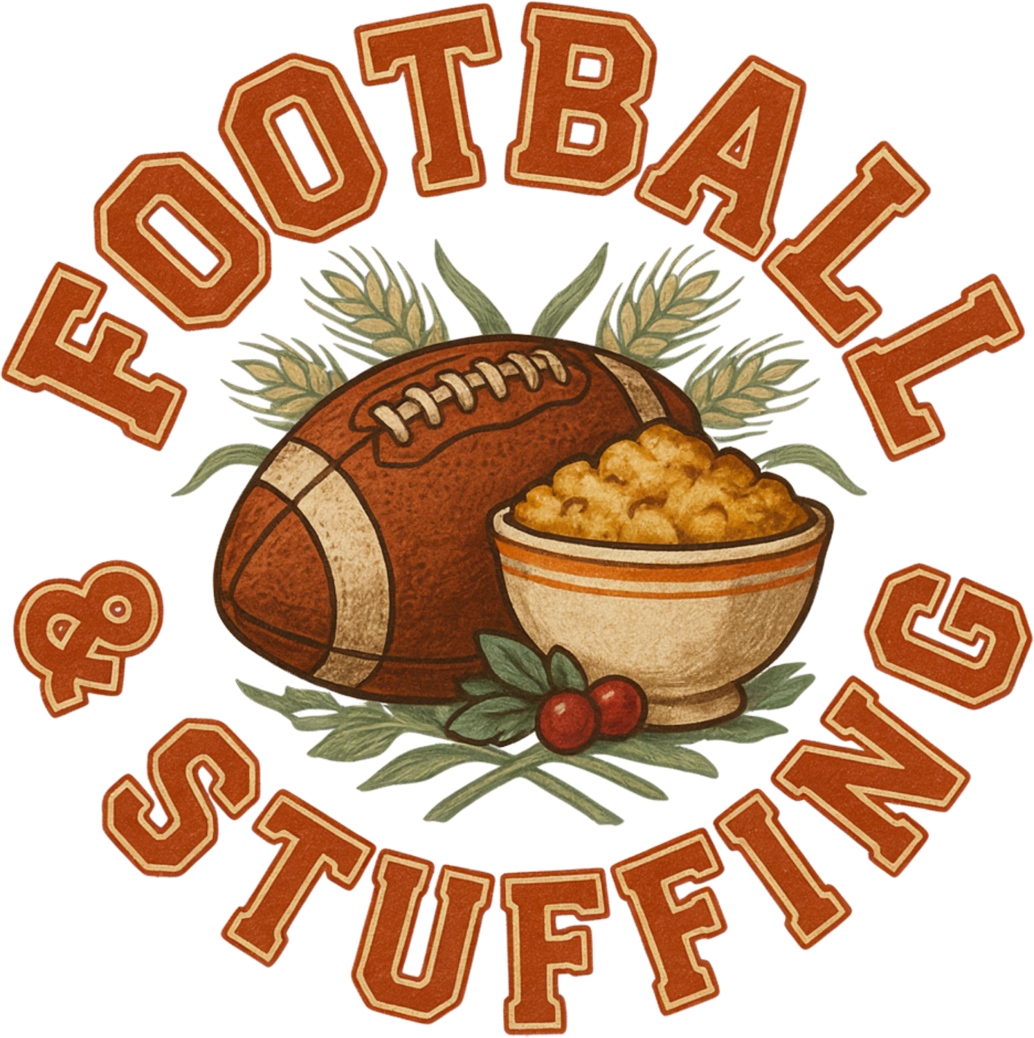 Football tailgate party design with brown leather football, bowl of food, and autumn wheat ready to press dtf transfer