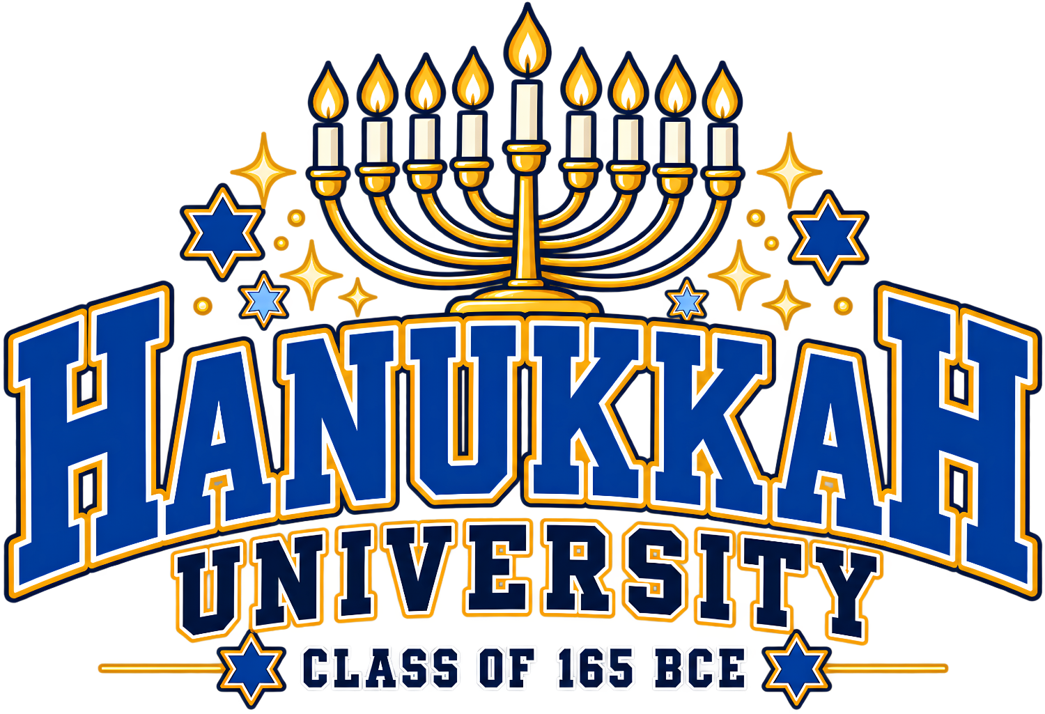 Hanukkah University Class of 165 BCE logo with gold menorah and stars, ready to press dtf transfer