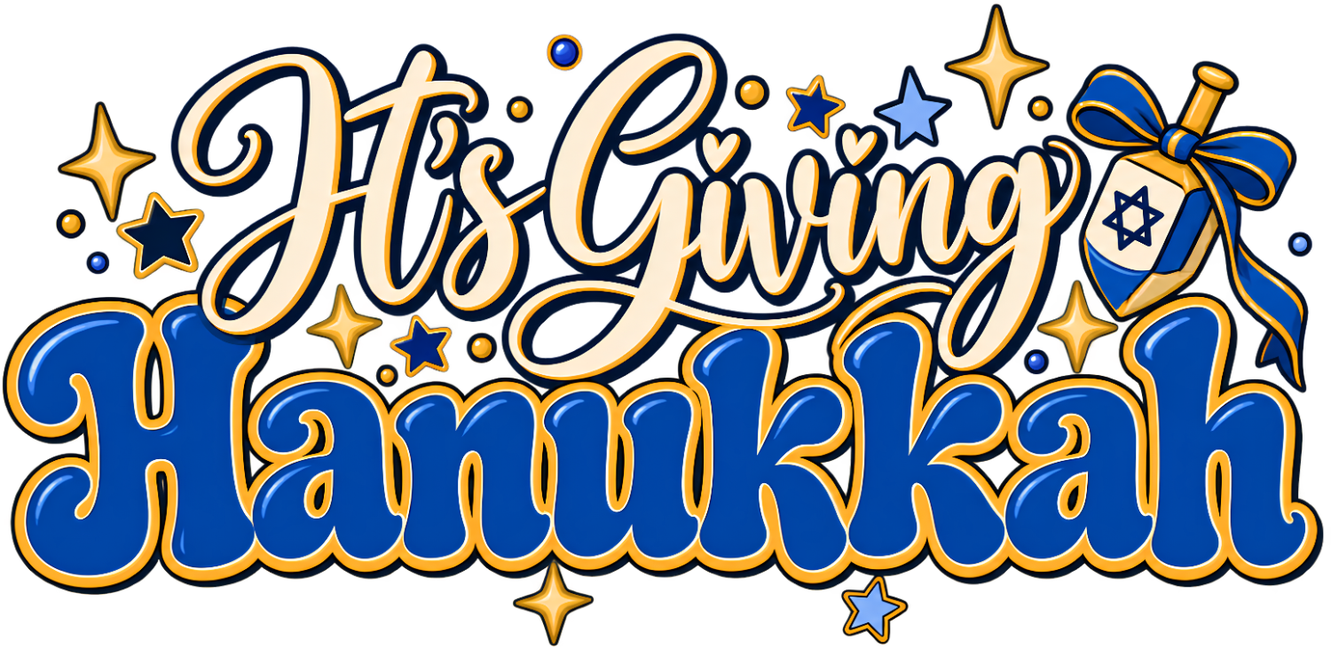Decorative text reading 'It's Giving Hanukkah' in gold script with blue accents and stars, ready to press dtf transfer