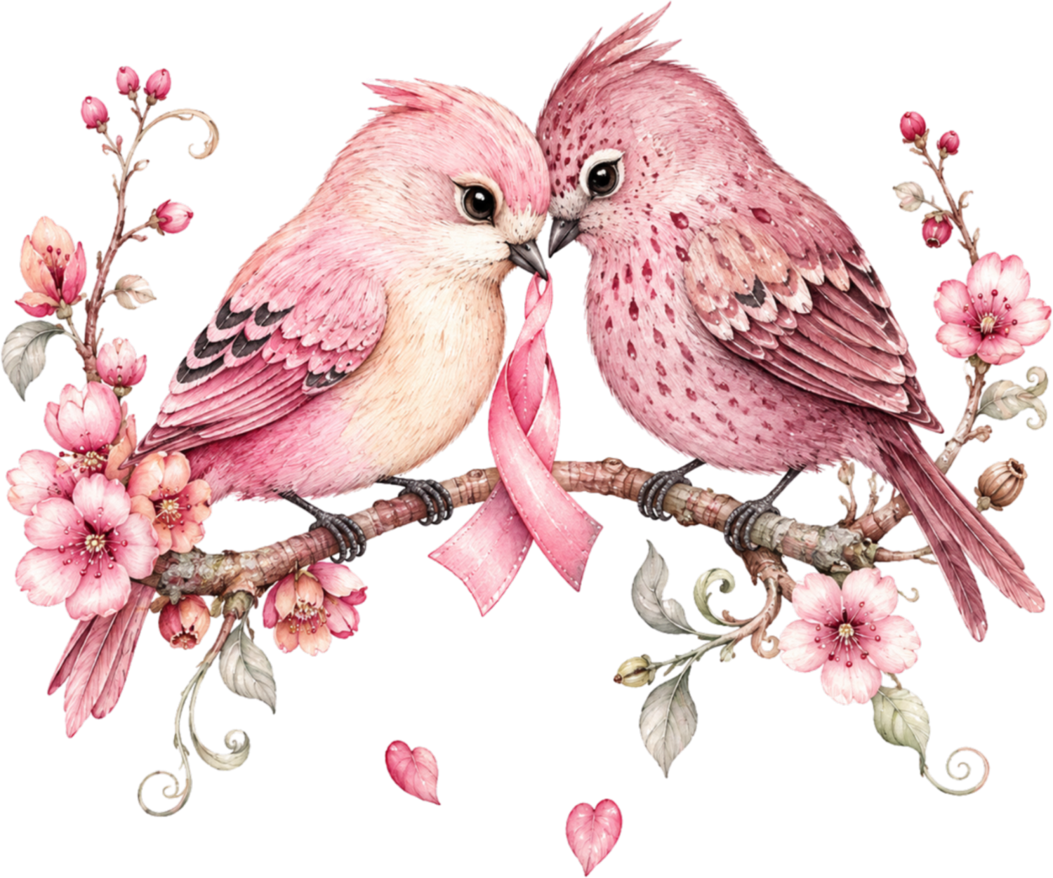 Two pink love birds perched together with floral branches, ready to press dtf transfer design.