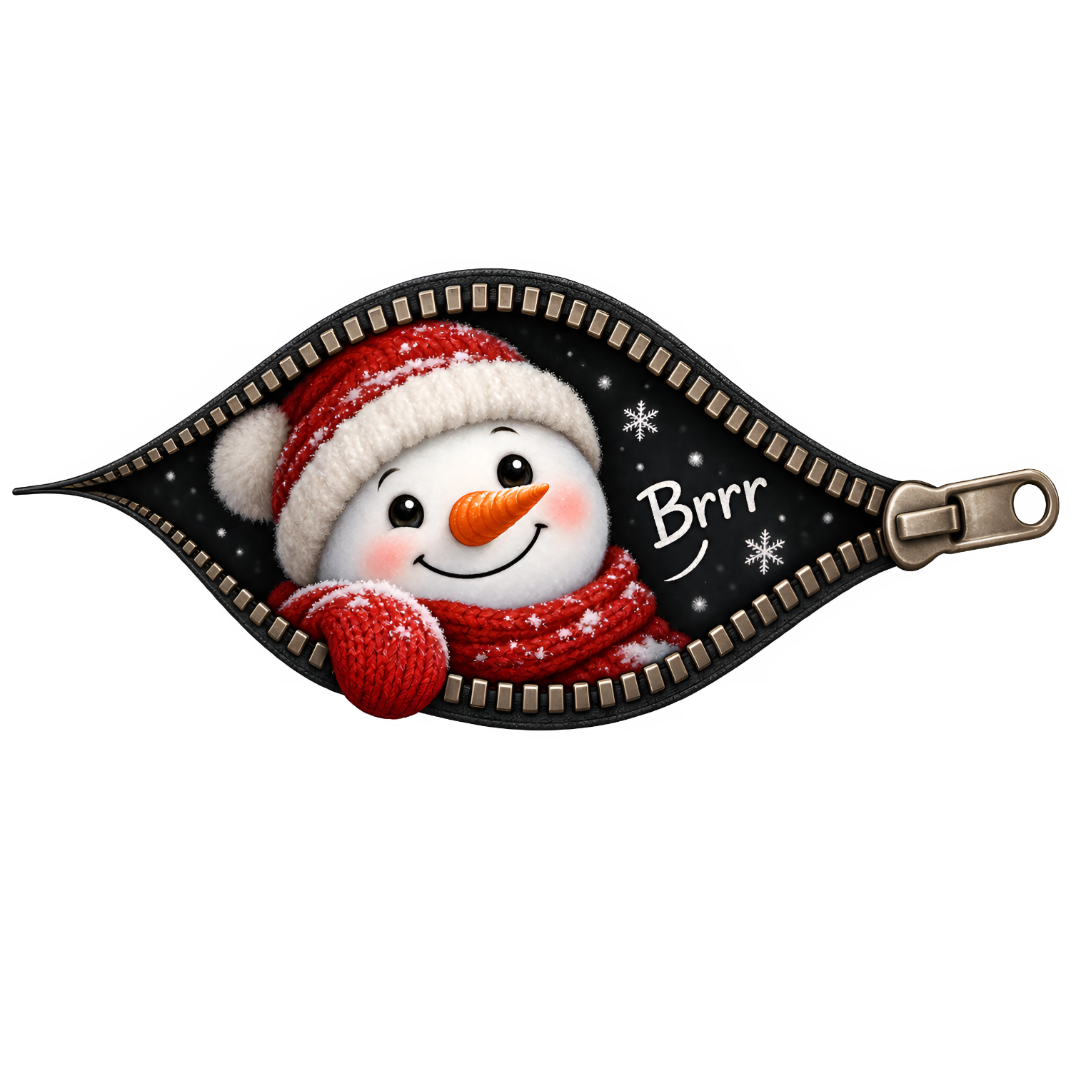 Cute smiling snowman wearing red knit hat and scarf with "Brr" text, ready to press dtf transfer on black background with snowflakes