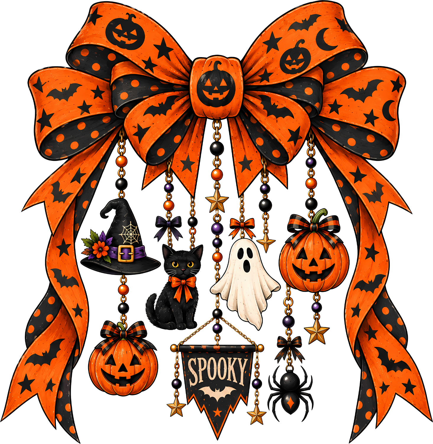 Orange and black Halloween bow with dangling jack-o-lantern, ghost, witch hat, and spider charms ready to press dtf transfer