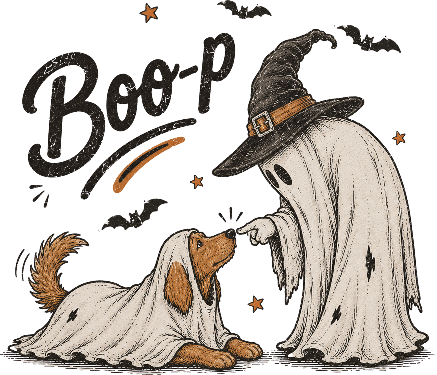 Ready to press DTF transfer featuring vintage witch and dog saying Boo-P with stars and bats, black and tan design