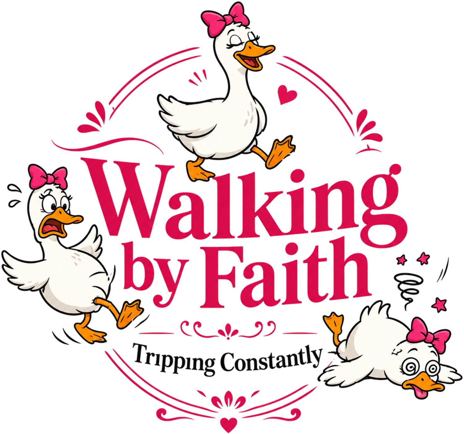 Three white chickens with pink bows in a playful design saying 'Walking by Faith Tripping Constantly' ready to press dtf transfer