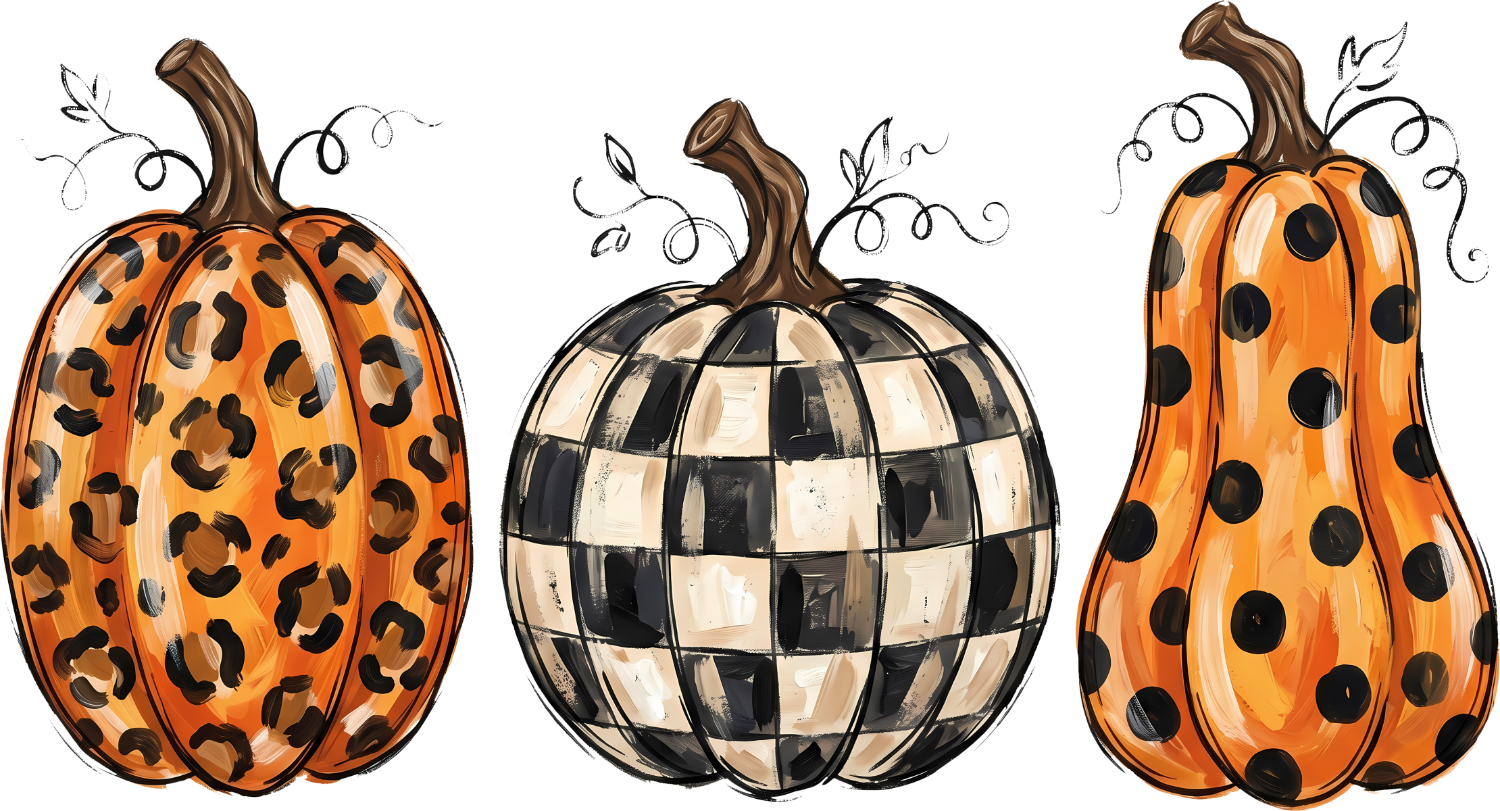 Three decorative pumpkins with leopard spots, checkered pattern, and polka dots—ready to press DTF transfer design.
