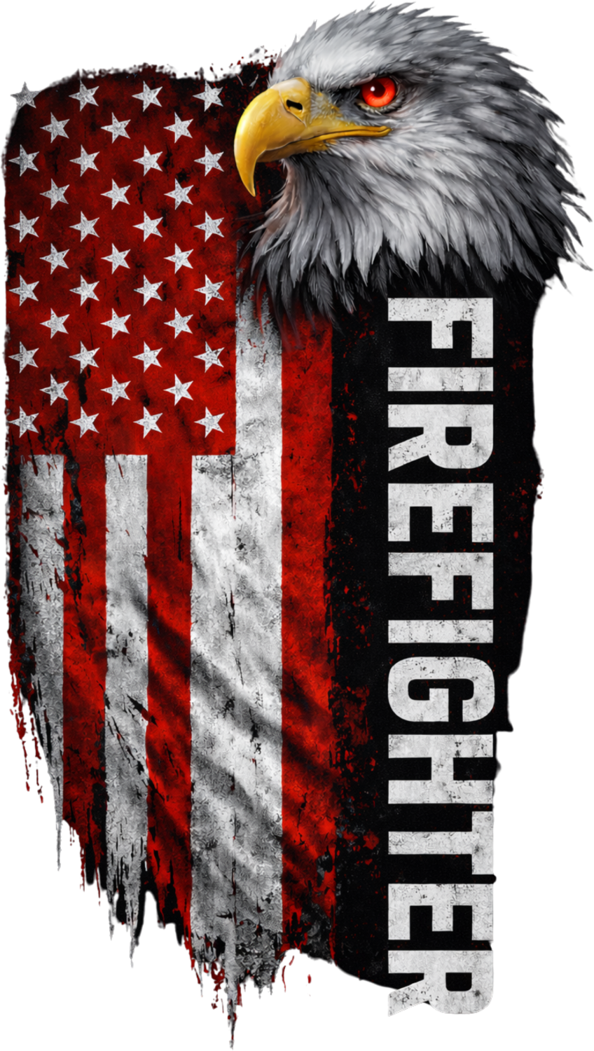 Bald eagle with red eyes on distressed American flag background with white 'FIREFIGHTER' text, ready to press dtf transfer