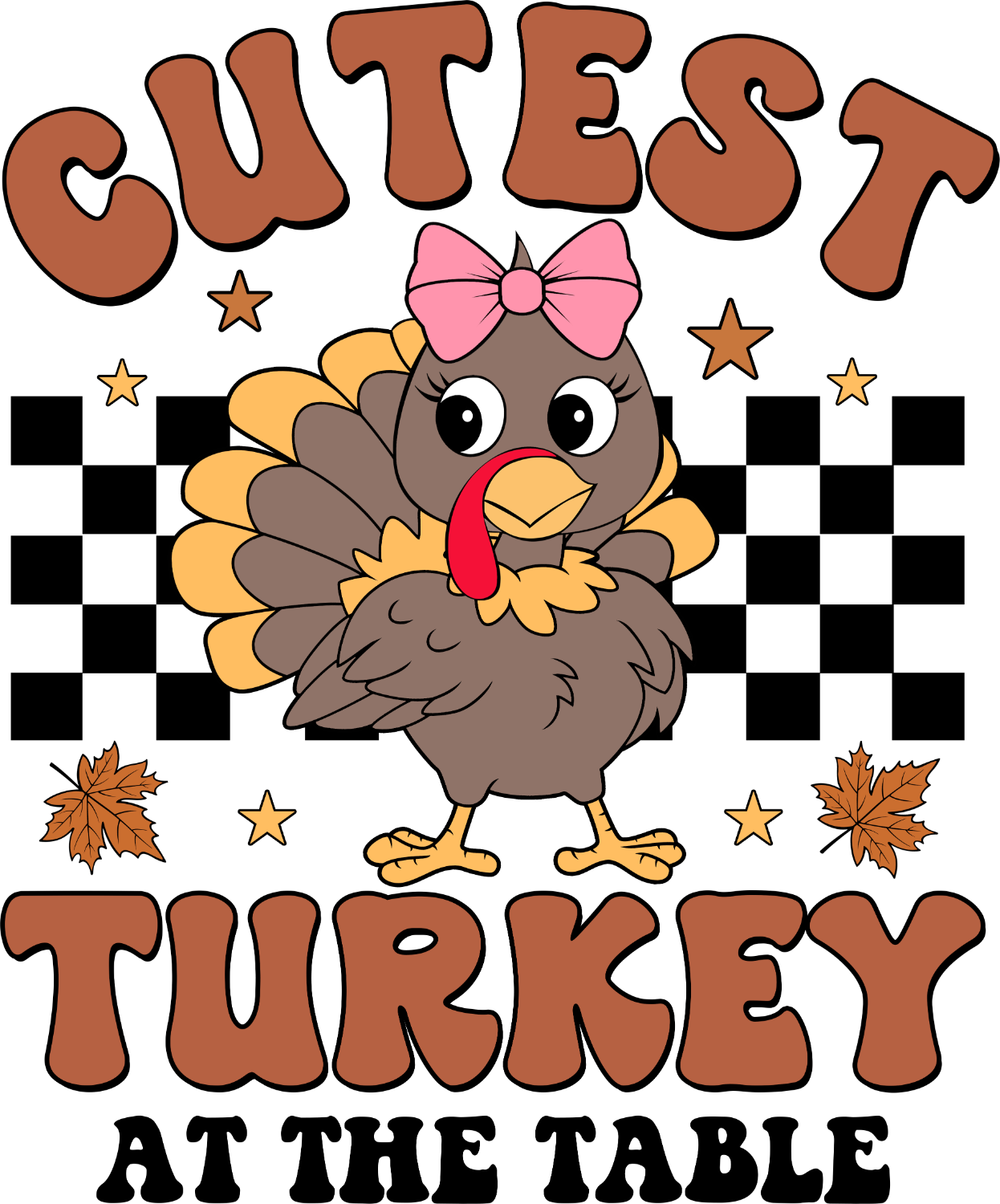 Cartoon brown turkey with pink bow, gold wings, and red tongue on checkered background ready to press dtf transfer