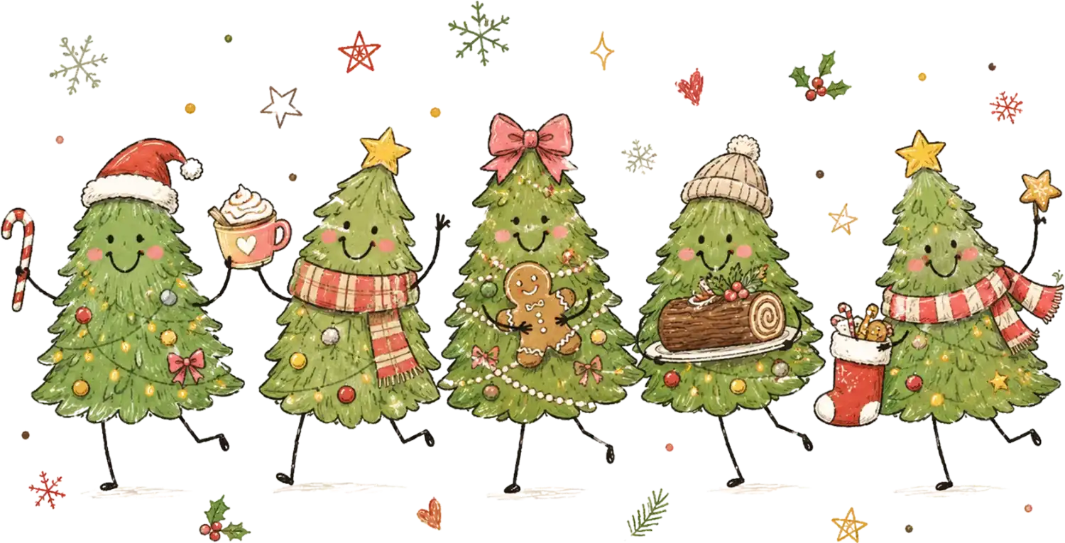 Five smiling cartoon Christmas trees with red bows, scarves, ornaments, candy canes, and holiday decorations, ready to press dtf transfer