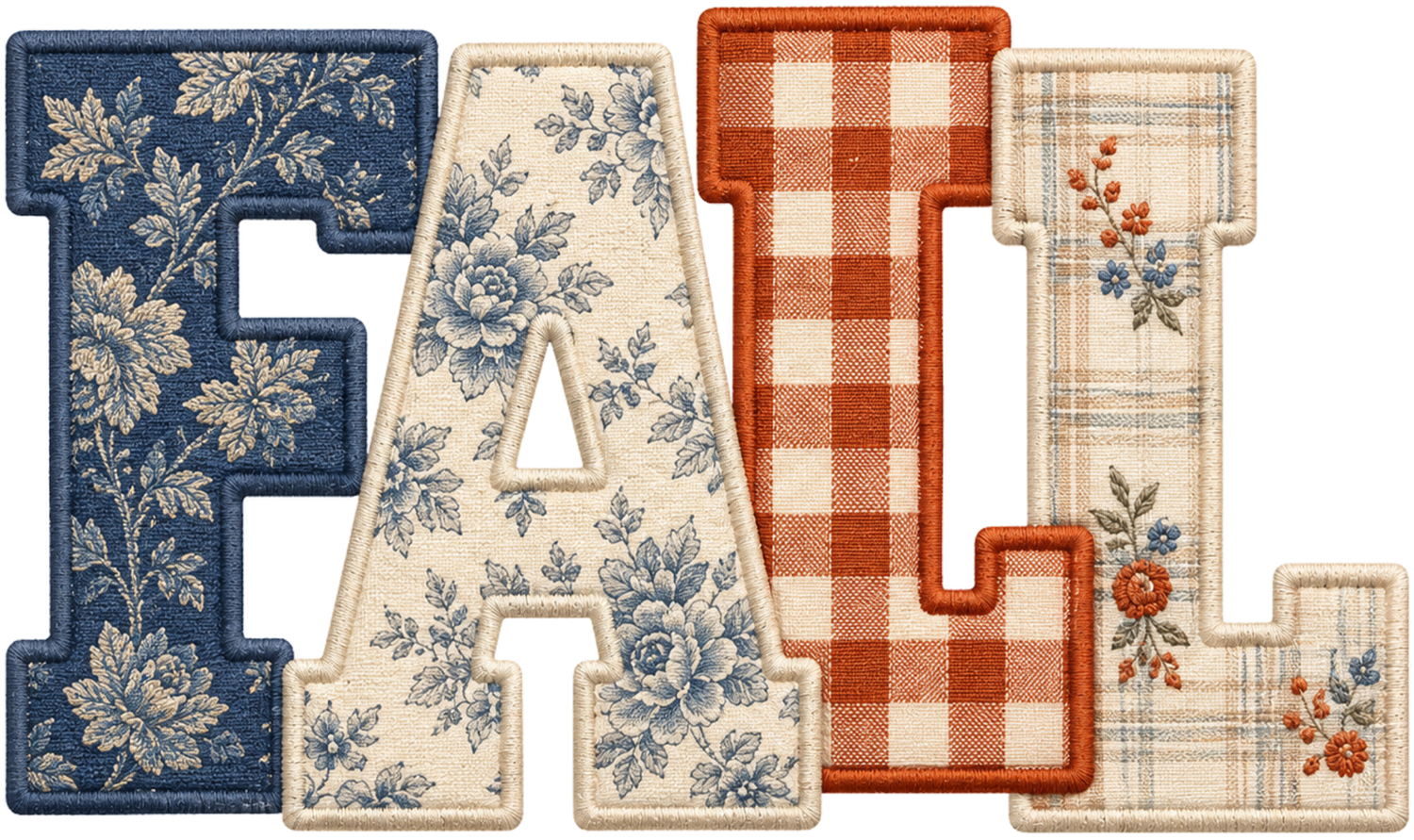 Farmhouse patchwork letters in blue toile, cream floral, and red gingham patterns, ready to press dtf transfer