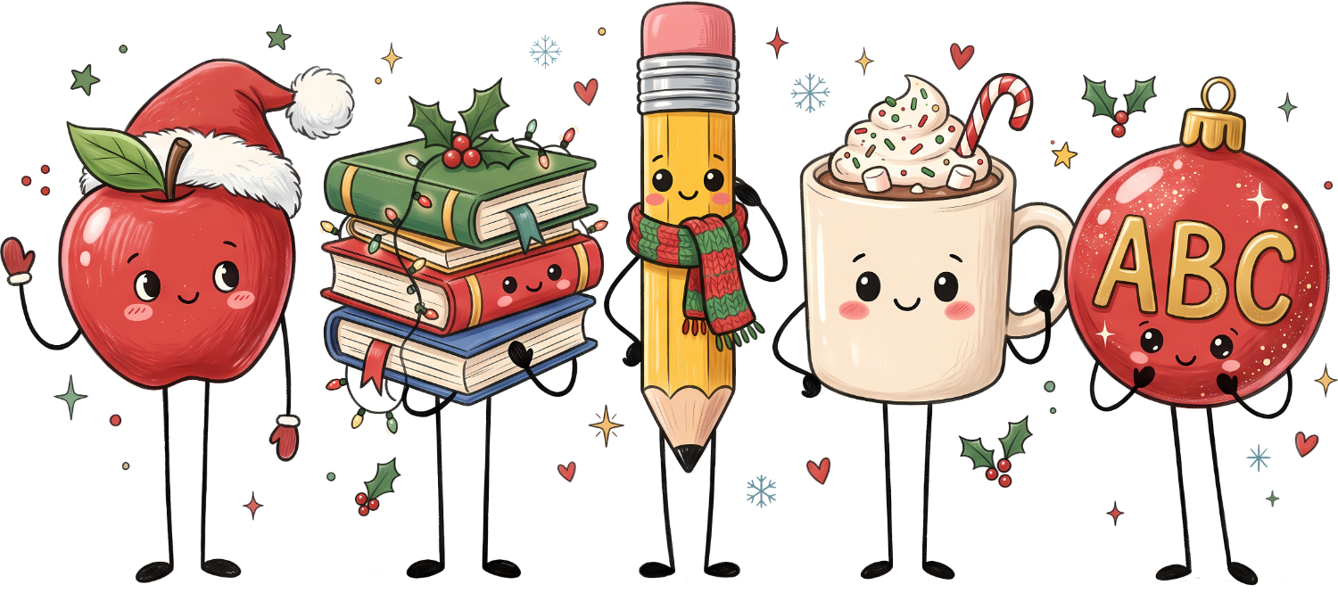 Cute cartoon school characters including apple, stack of books, pencil, hot cocoa mug, and ABC ornament ready to press dtf transfer