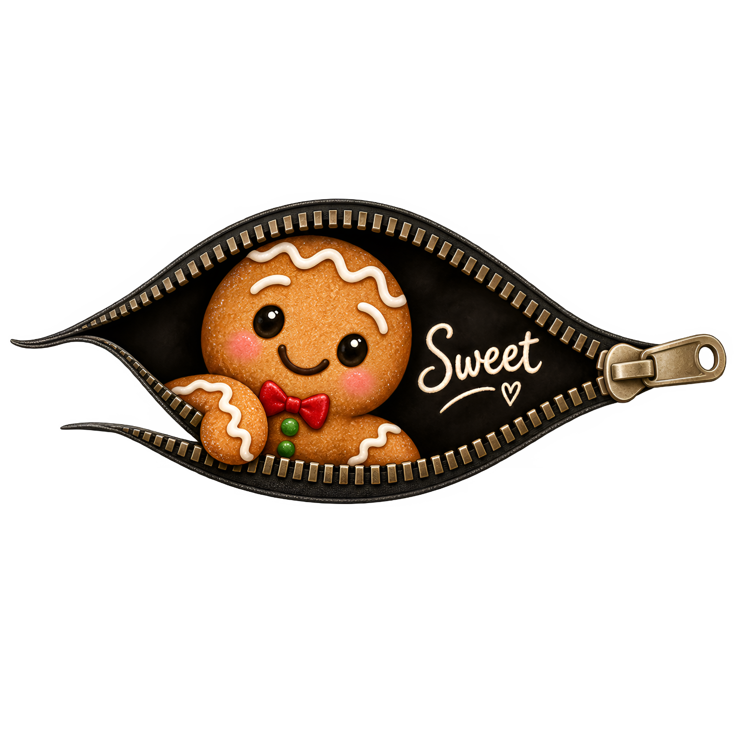 Cute gingerbread man character peeking out of black zipper pouch with white icing details, ready to press dtf transfer