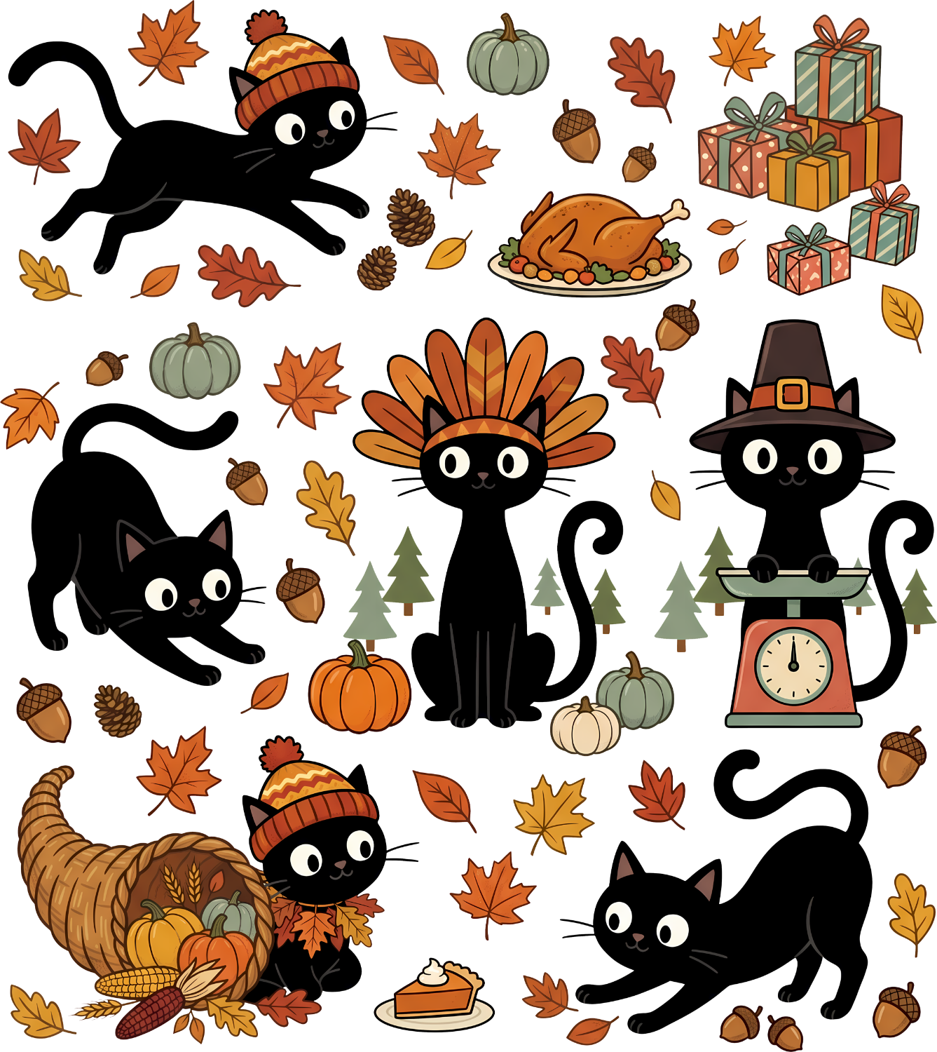 Collection of whimsical black cats in autumn poses with fall leaves, pumpkins, cornucopia, and holiday decor—ready to press dtf transfer.