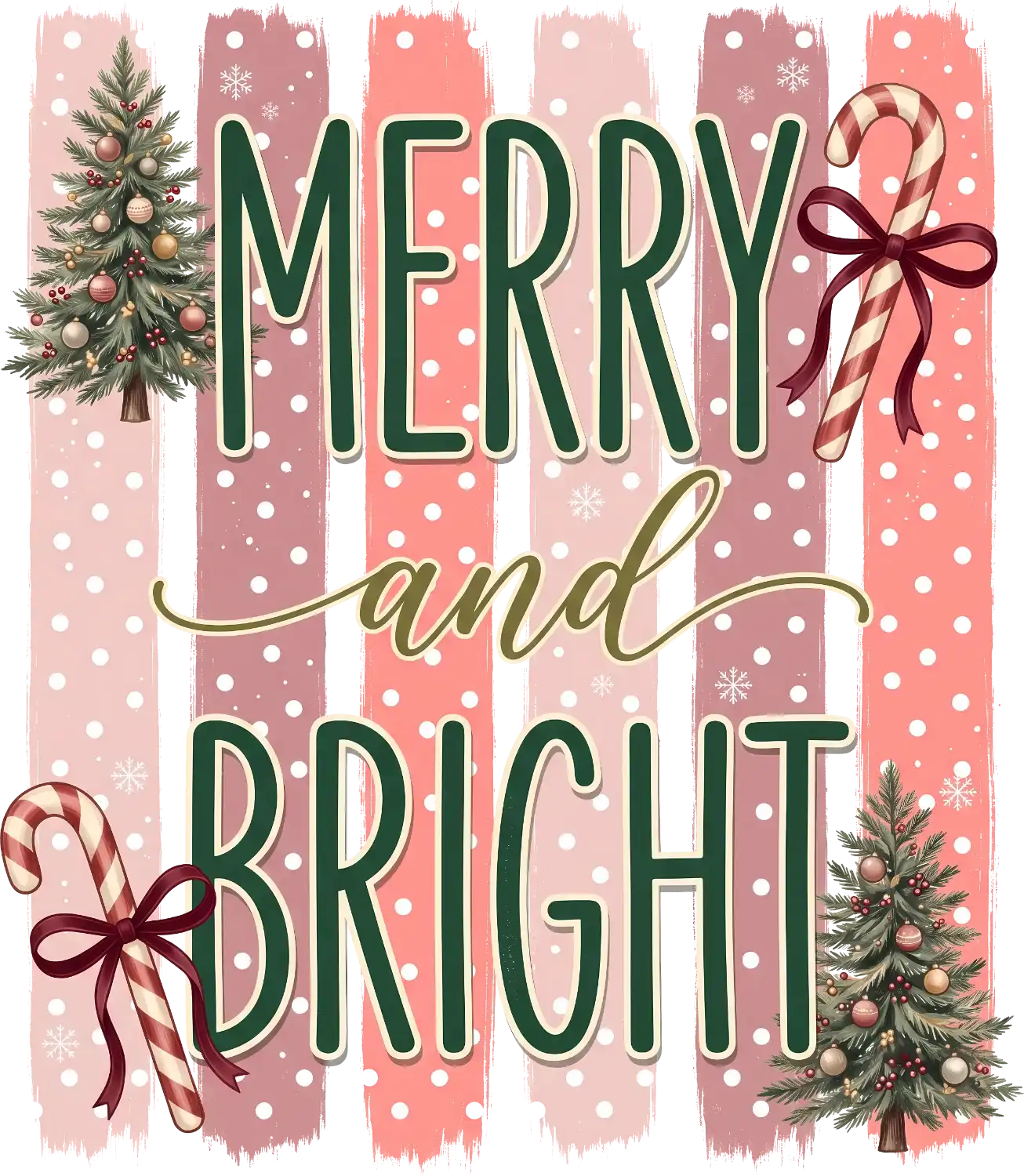 Merry and Bright Christmas design with candy canes, trees, and snowflakes on striped background ready to press dtf transfer