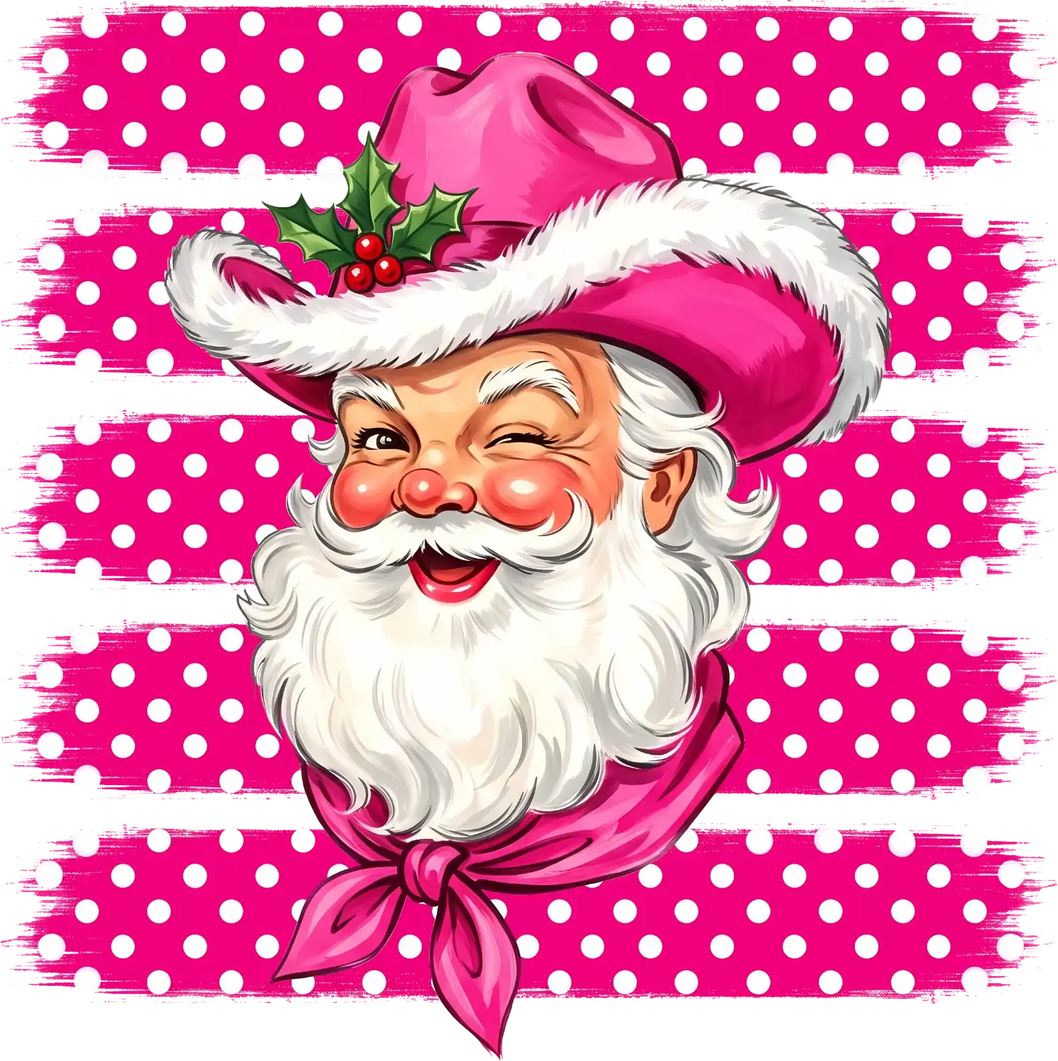 Cheerful pink Santa face with white beard and red nose on polka dot background, ready to press dtf transfer