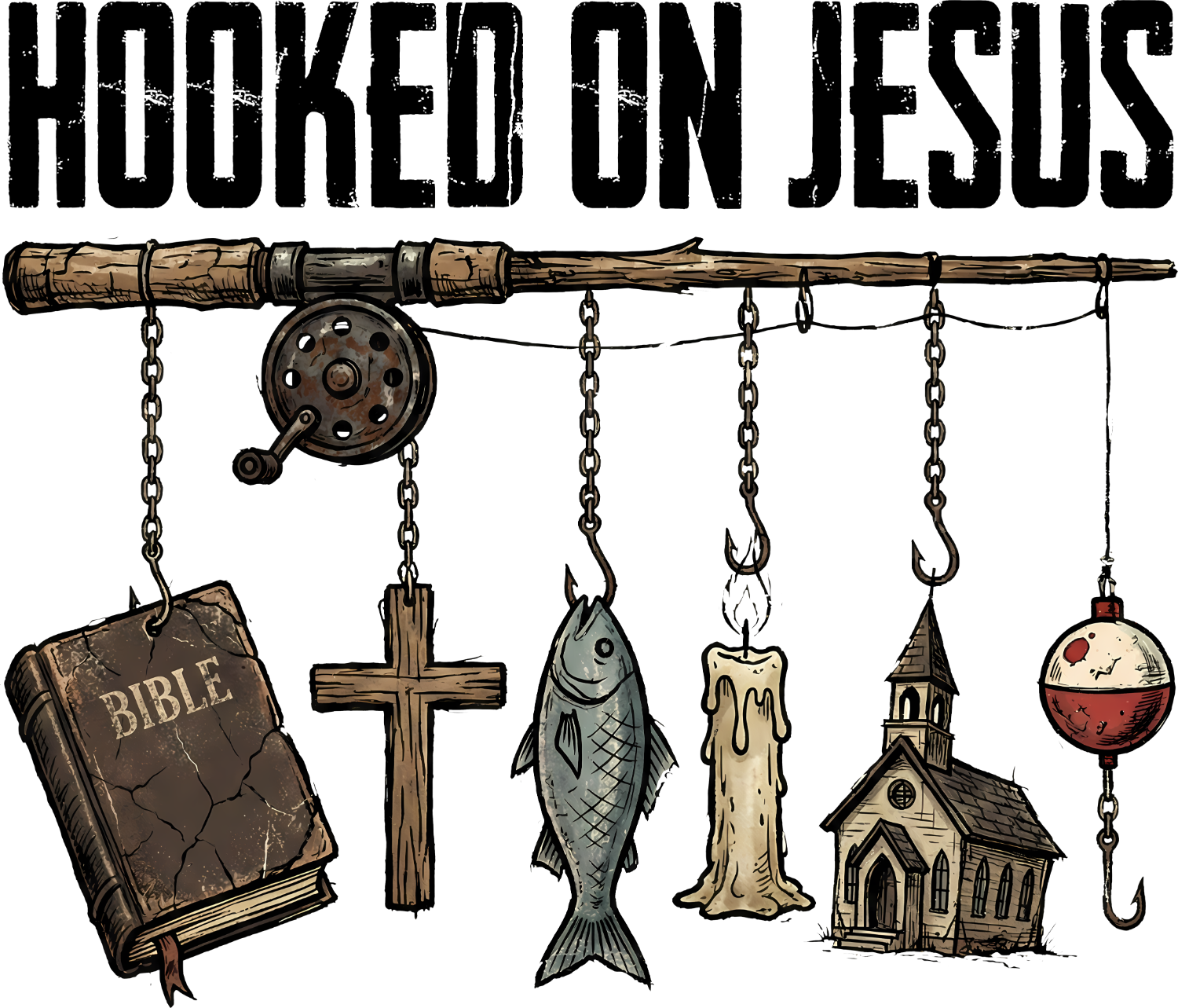 Vintage fishing rod with Bible, cross, fish, candle, and church hanging from hooks—ready to press DTF transfer.