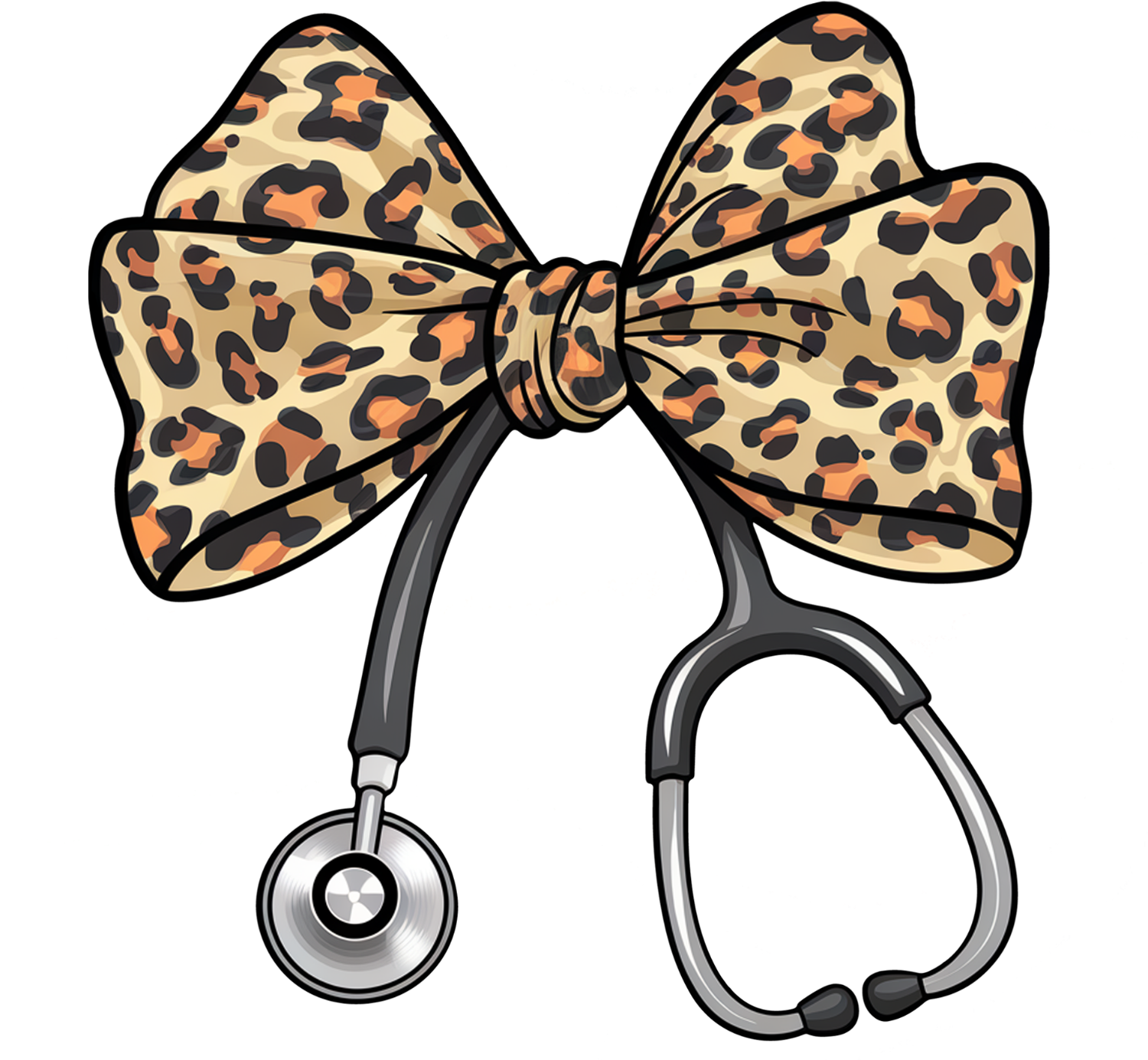 Leopard print stethoscope bow design ready to press dtf transfer with tan, black and orange spots