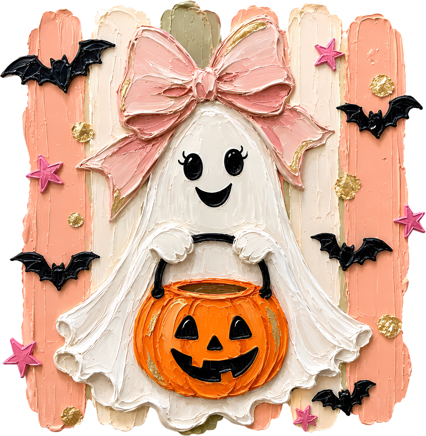 Ready to press DTF transfer featuring a smiling white ghost with pink bow holding orange jack-o-lantern pumpkin surrounded by black bats and pink stars on coral and cream striped background.