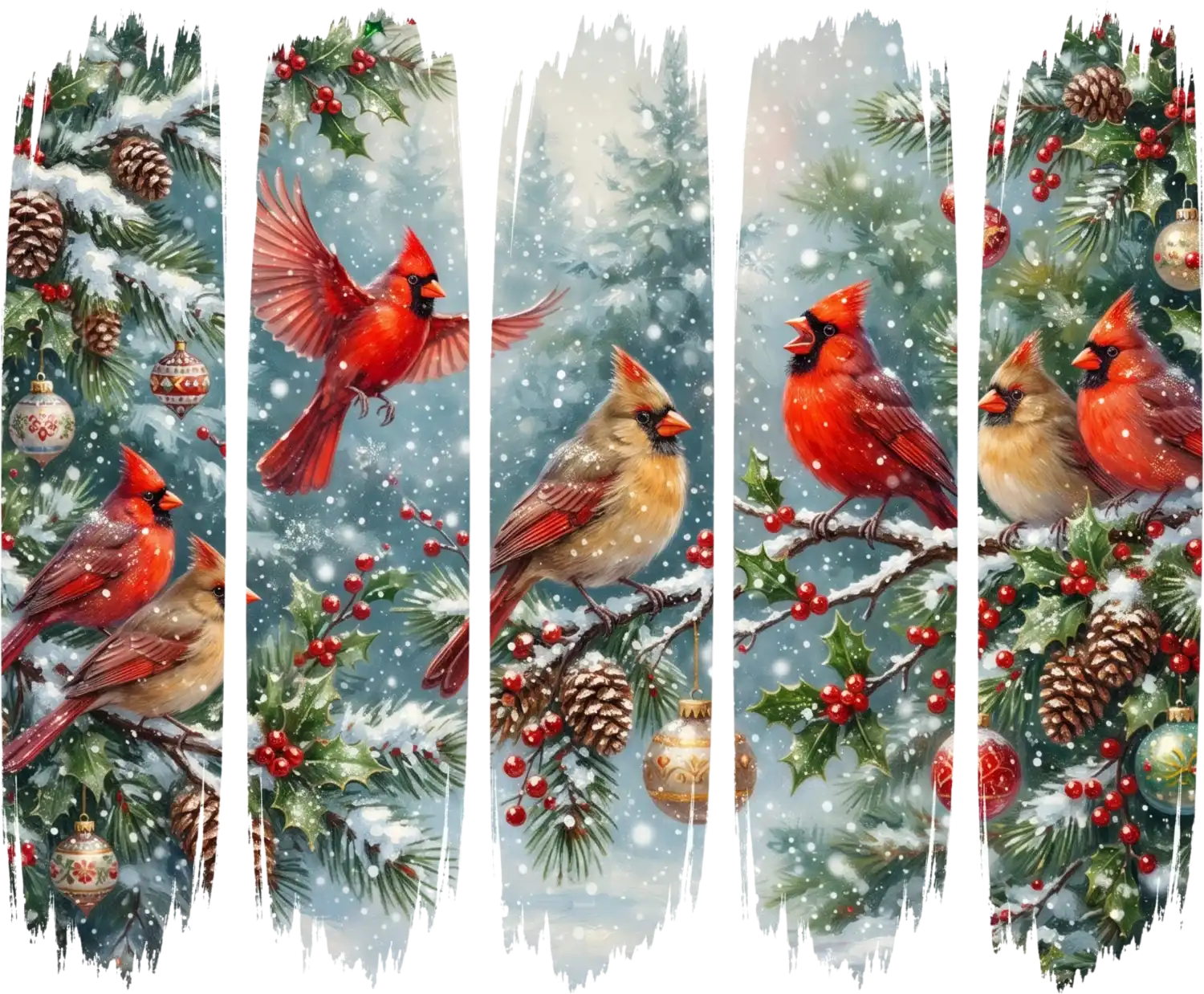 Five ready to press dtf transfer strips with red cardinals, winter greenery, snowflakes, and holiday ornaments on blue background.