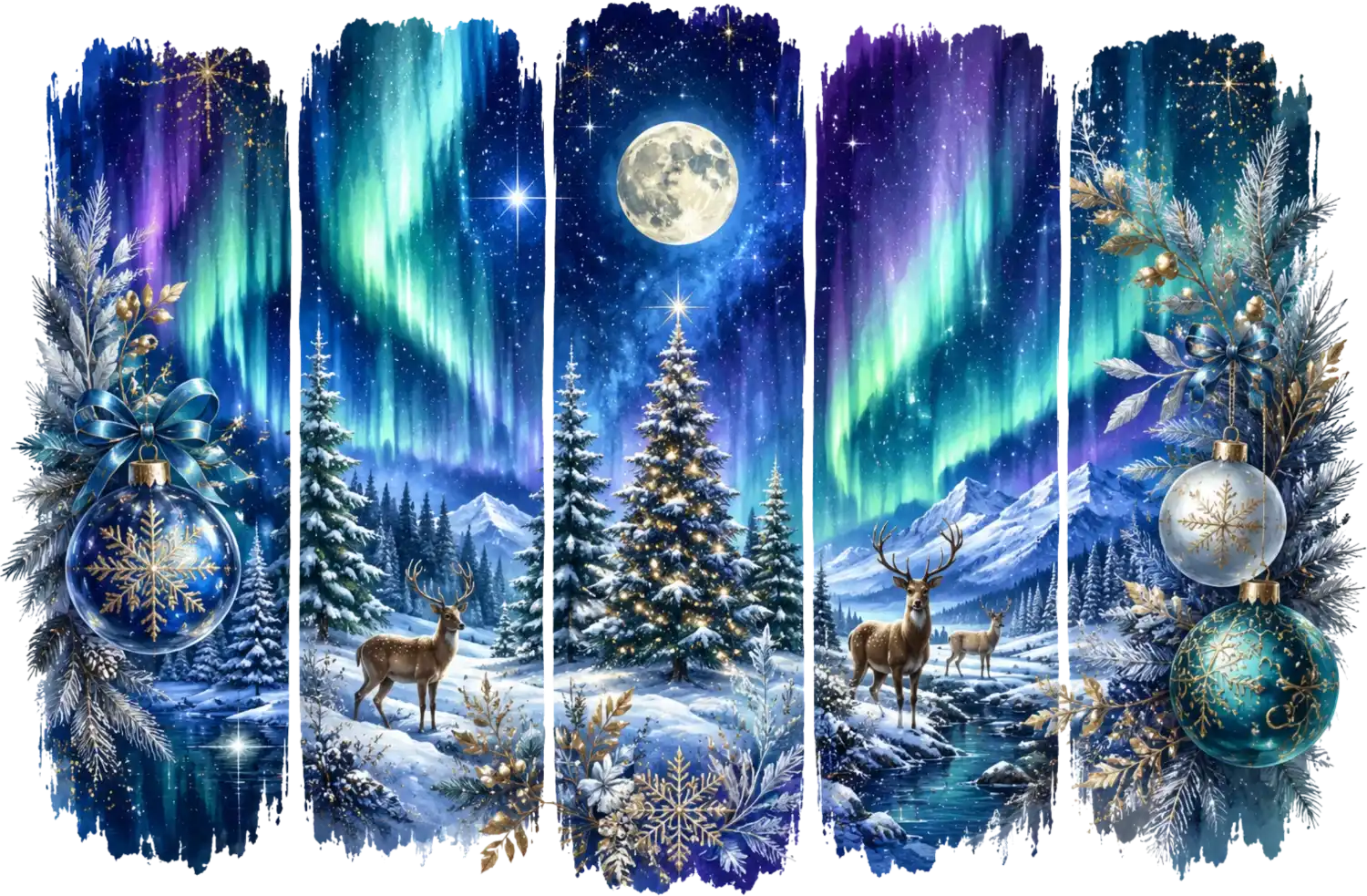 Winter aurora forest scene with northern lights, full moon, deer, and snow-covered trees ready to press dtf transfer