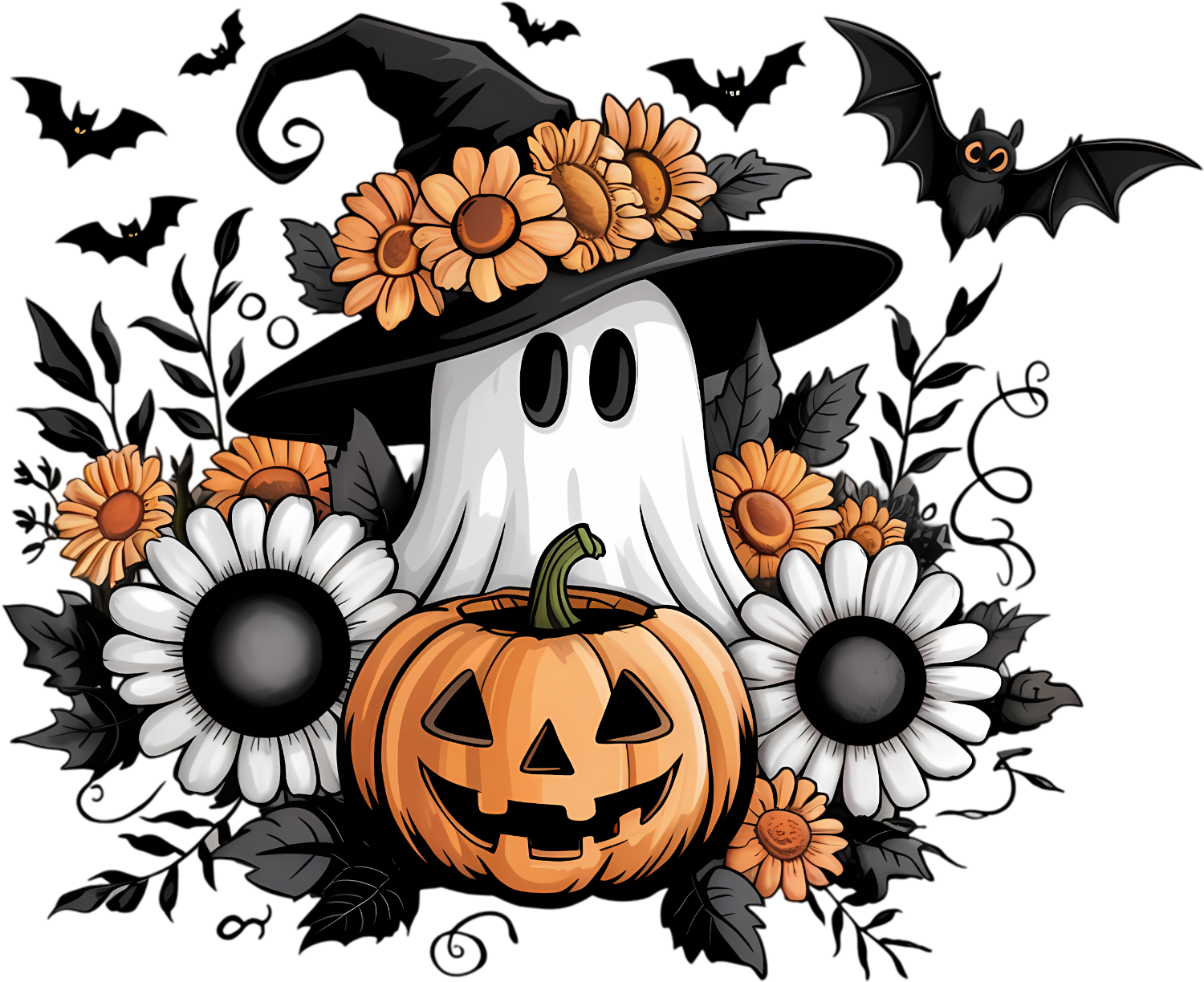 Ghost wearing witch hat with orange sunflowers, white daisies, and jack-o-lantern pumpkin, ready to press dtf transfer