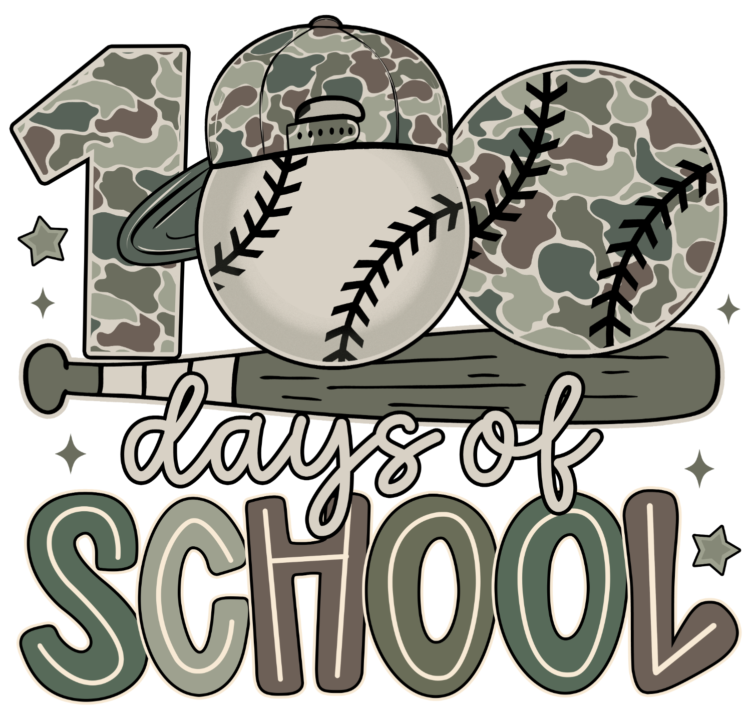 Camo baseball design with '100 days of school' text and ready to press dtf transfer for custom apparel