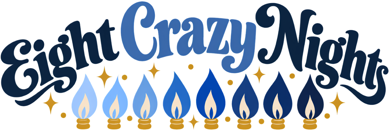 Eight Crazy Nights vintage-style logo with blue menorah candles and gold stars, ready to press dtf transfer