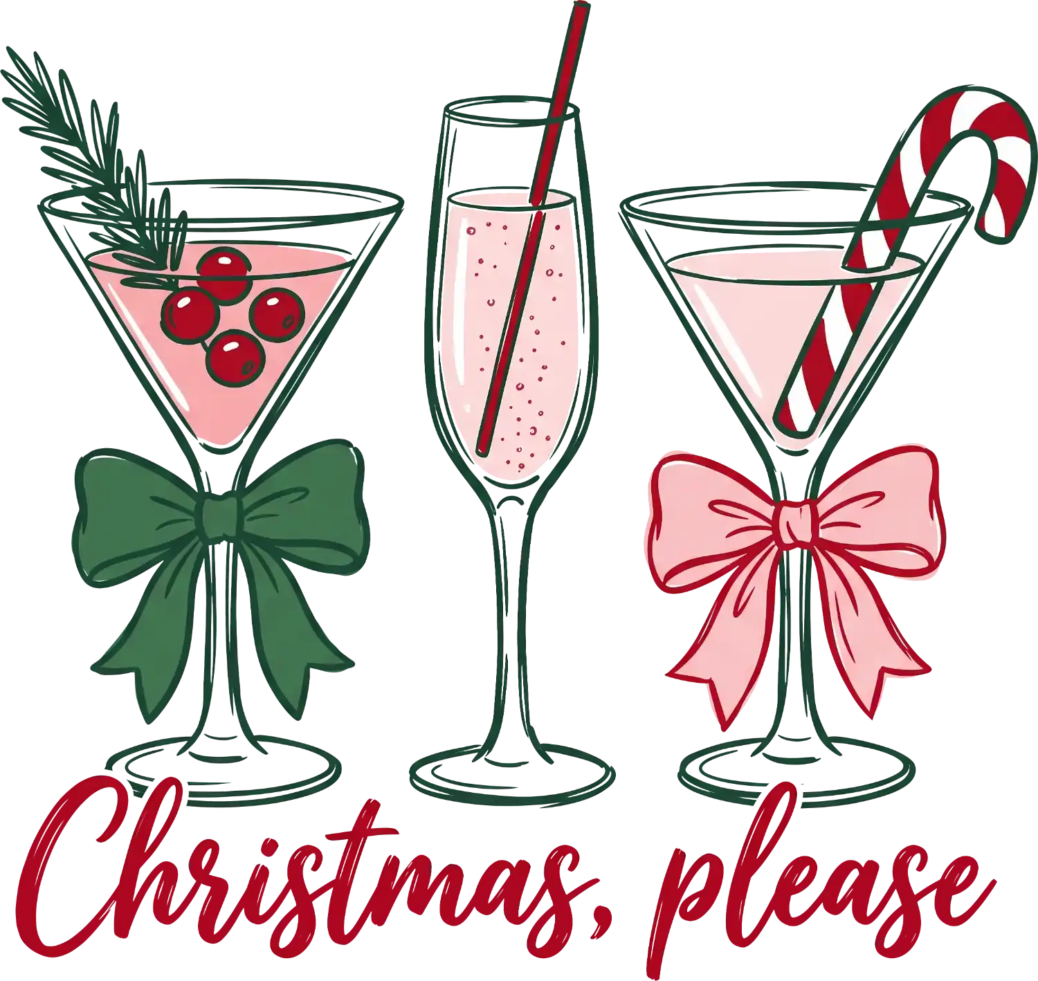 Three illustrated holiday cocktails with red berries, candy canes and festive bows, ready to press dtf transfer