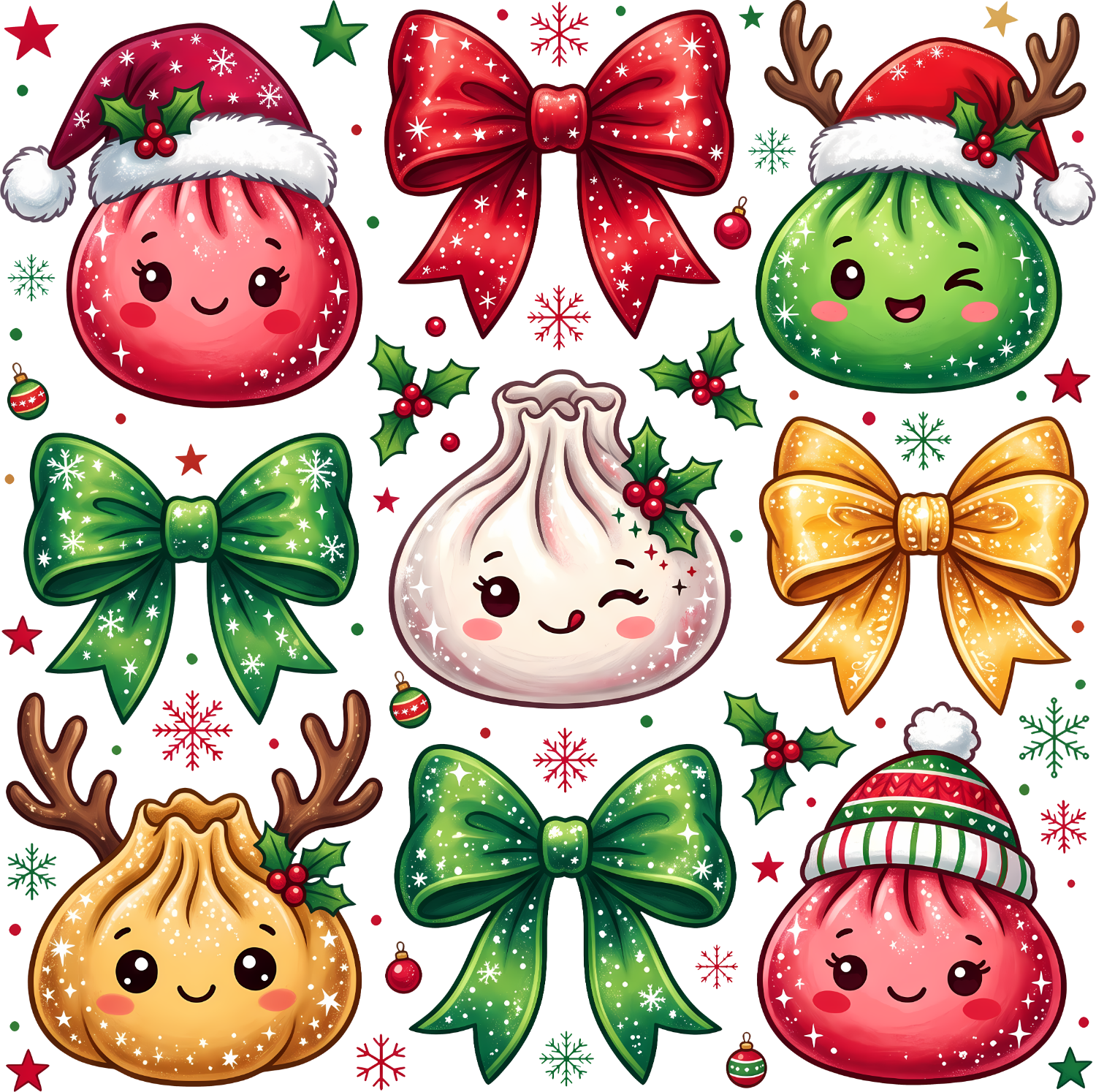 Colorful kawaii Christmas characters ready to press dtf transfer with smiling ornaments, festive bows, and reindeer