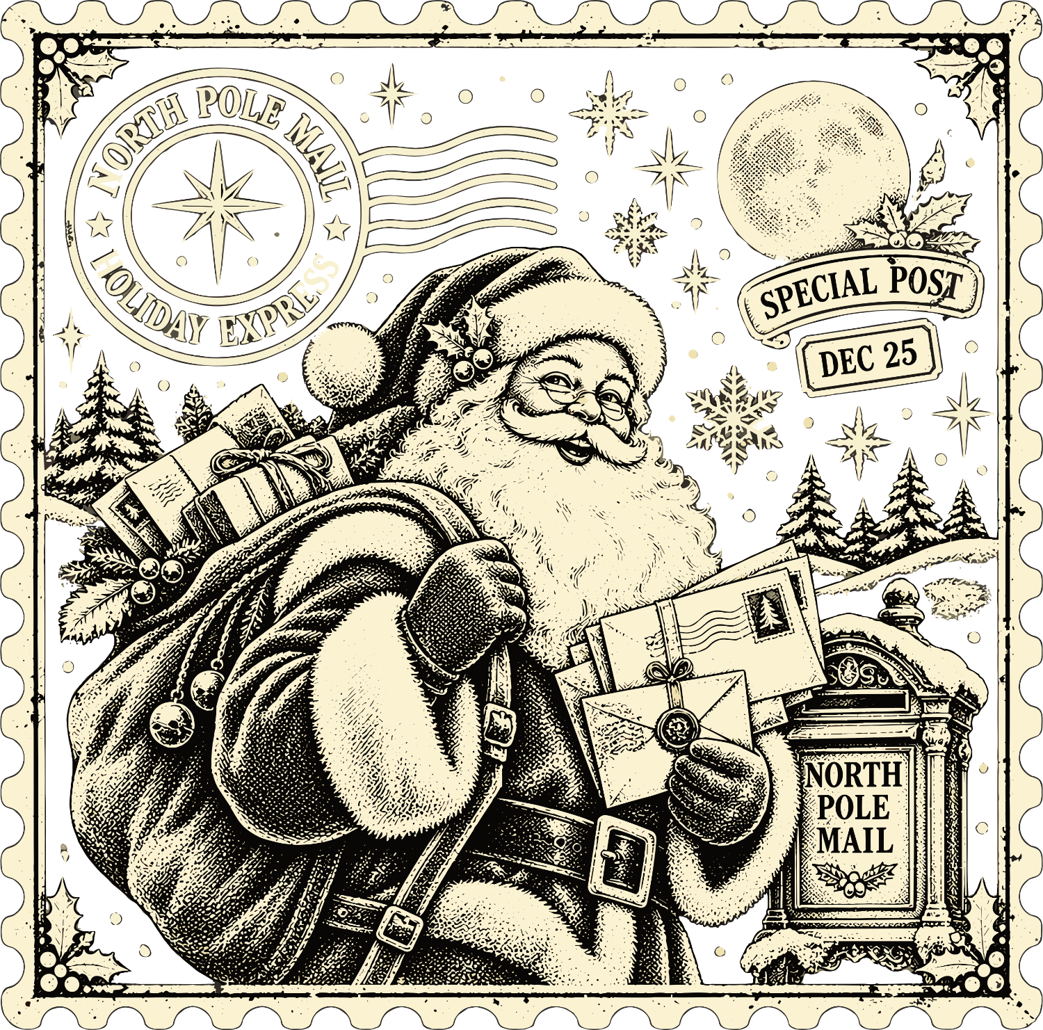 Vintage-style Santa holding mail with North Pole mailbox, full moon, and snowflakes — ready to press dtf transfer.