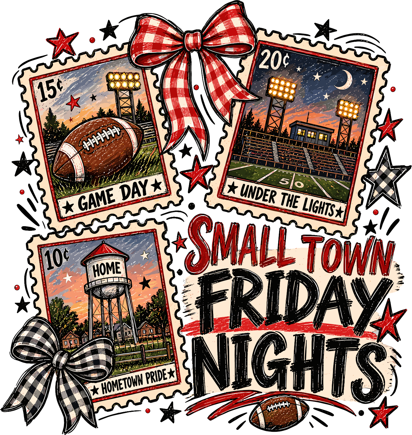 Vintage postage stamp-style small town football design with retro illustrations, ready to press DTF transfer.