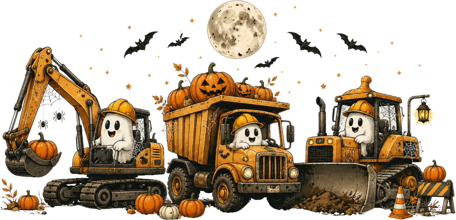 Halloween construction crew with ghost operators, pumpkins, moon and bats ready to press dtf transfer