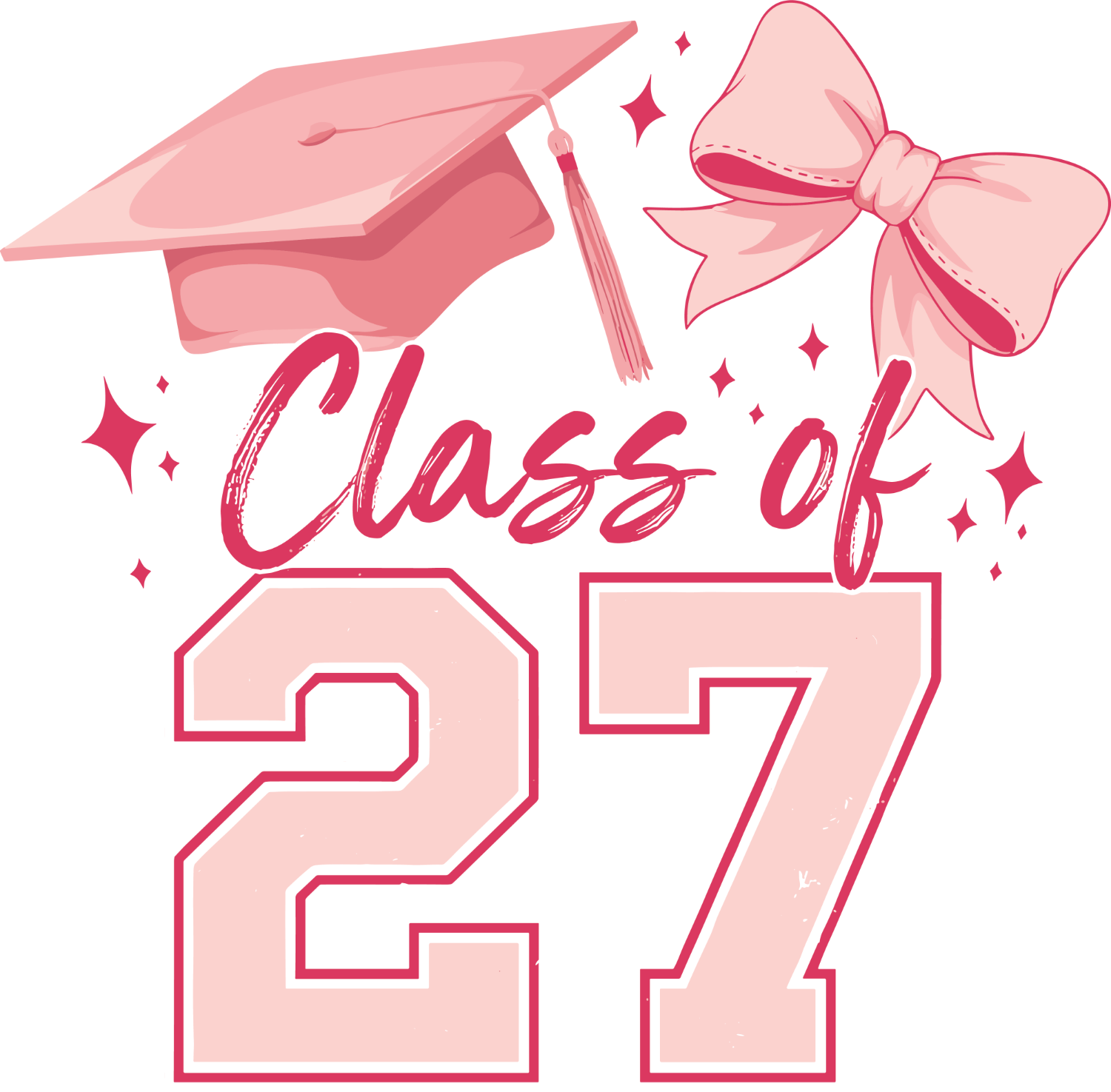 Pink Class of 2027 graduation design with cap, bow, and sparkles ready to press dtf transfer