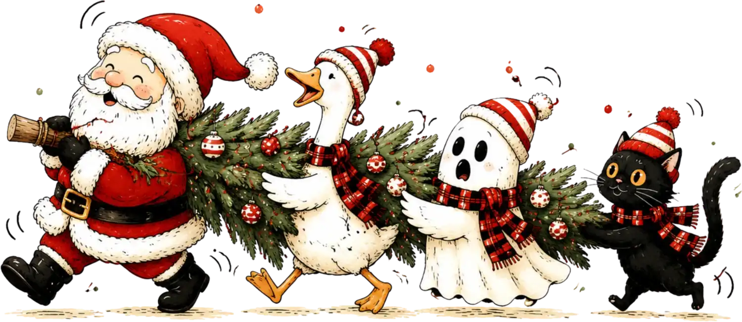 Santa with friends including snowman, ghost, and black cat holding garland wreaths in red plaid hats, ready to press dtf transfer