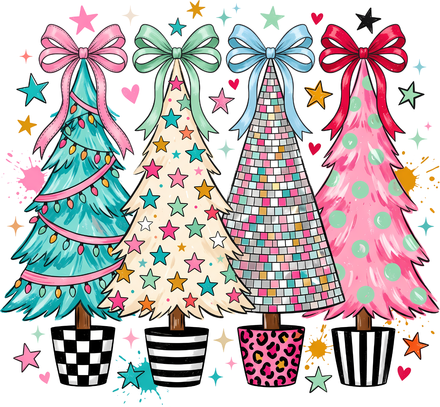 Four vibrant Christmas trees with matching bows in teal, green, blue, and pink—ready to press dtf transfer.
