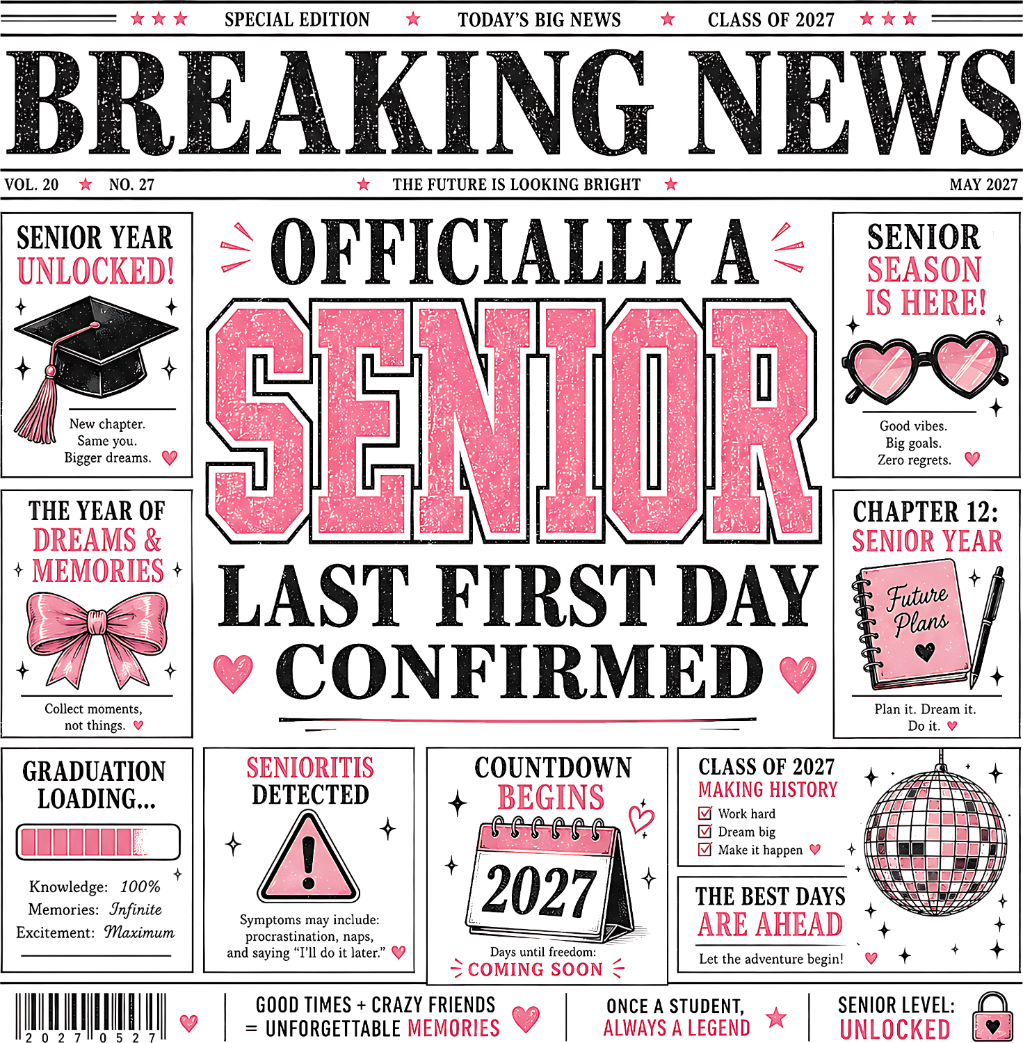 Retro newspaper-style design with pink and black text reading 'Breaking News Officially a Senior' ready to press dtf transfer